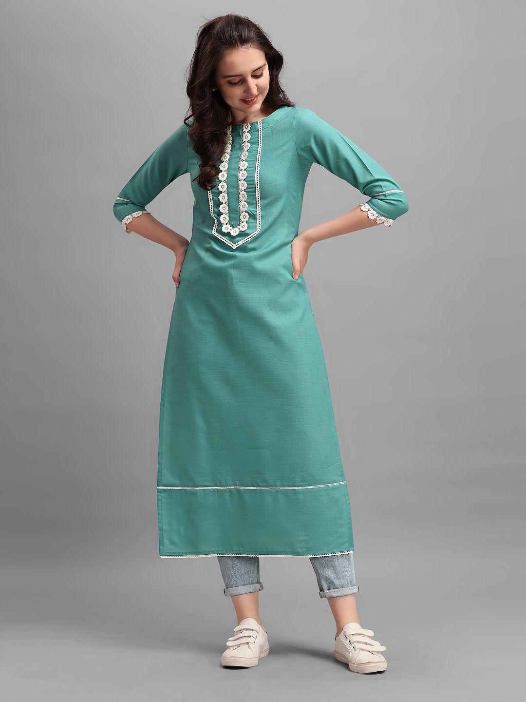 inddus women green laced kurta