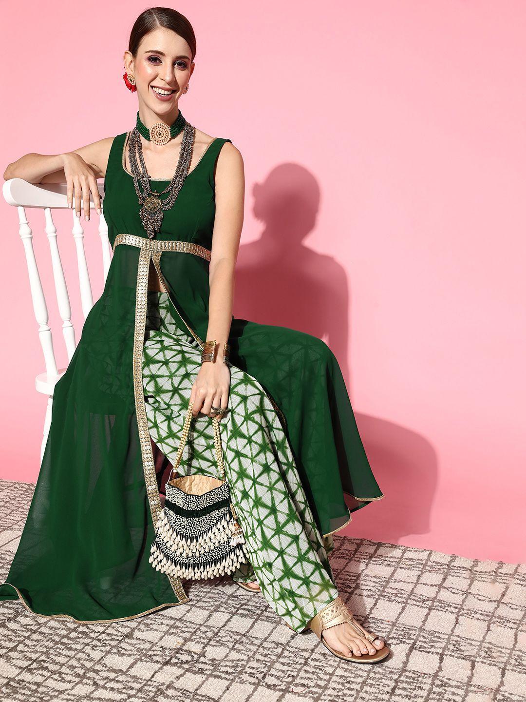 inddus women green solid tunic with printed palazzos