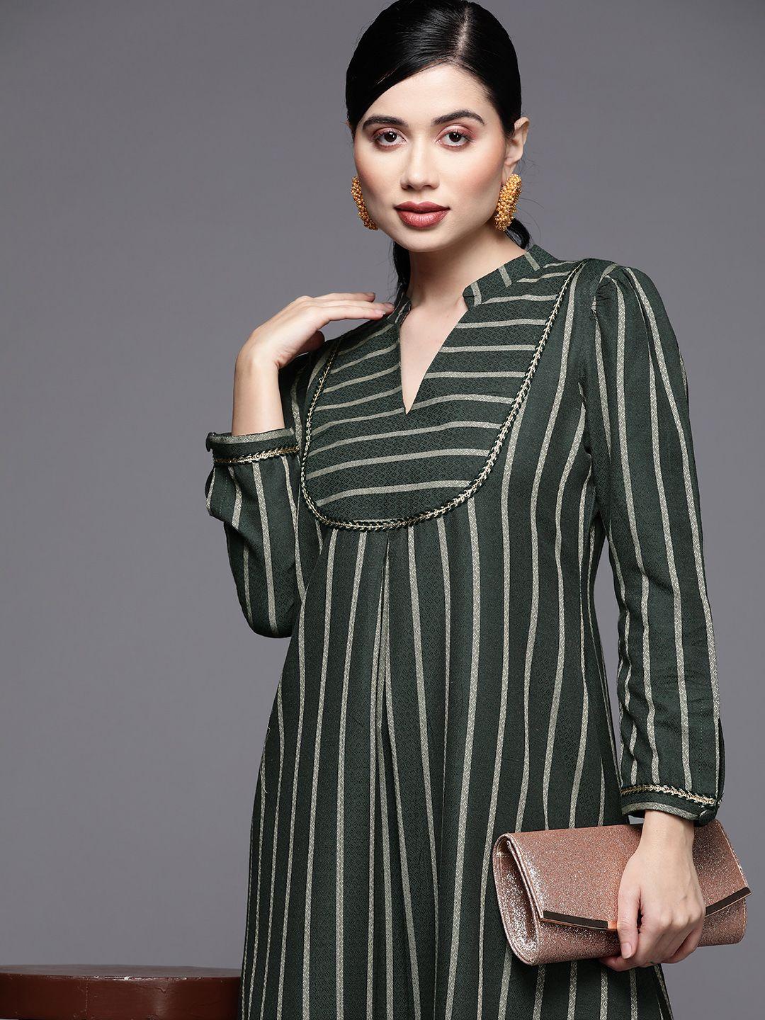 inddus women green striped pure cotton kurta