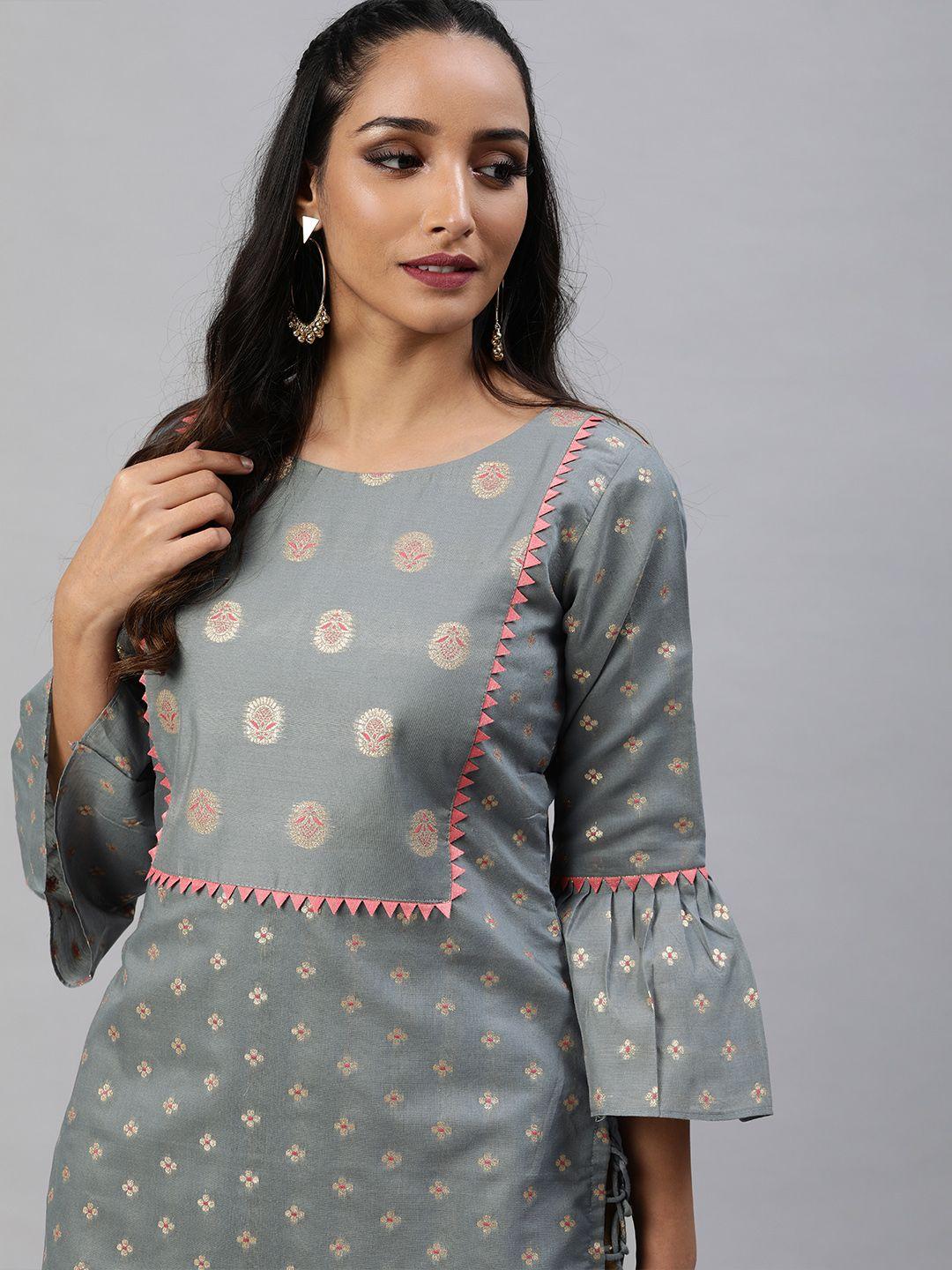 inddus women grey & gold-coloured woven design bell sleeve straight kurta