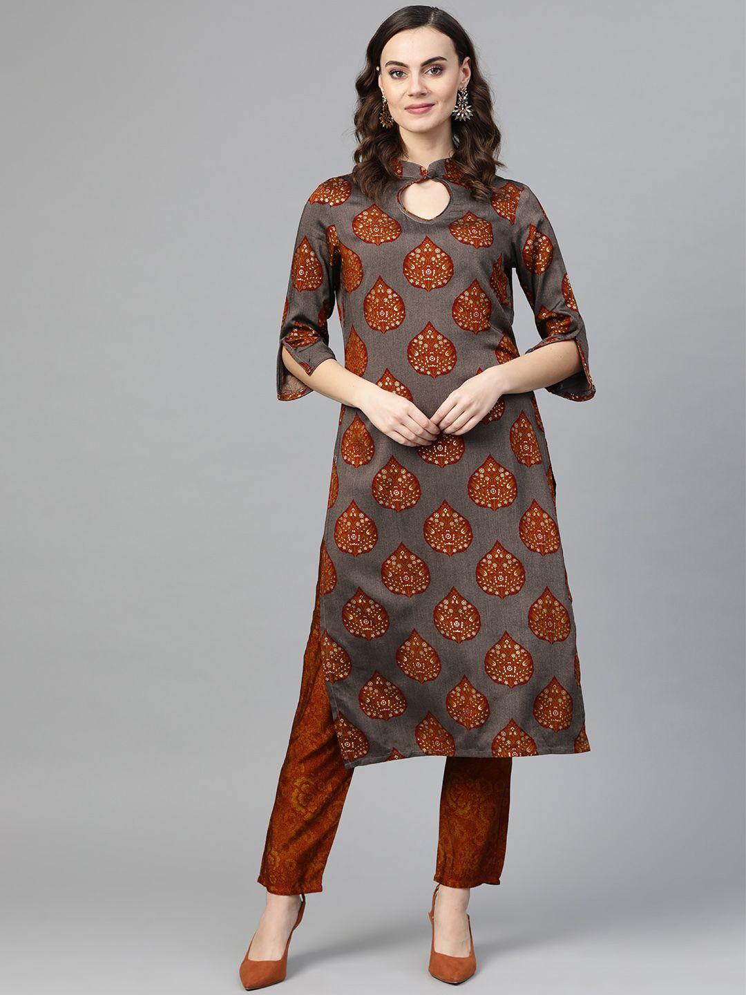 inddus women grey & maroon foil print kurta with trousers