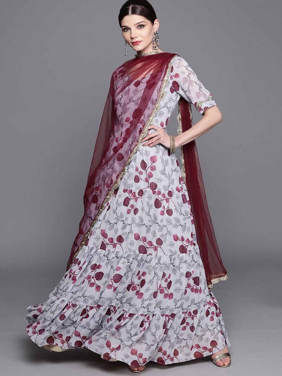 inddus women grey & maroon printed anarkali kurta with dupatta