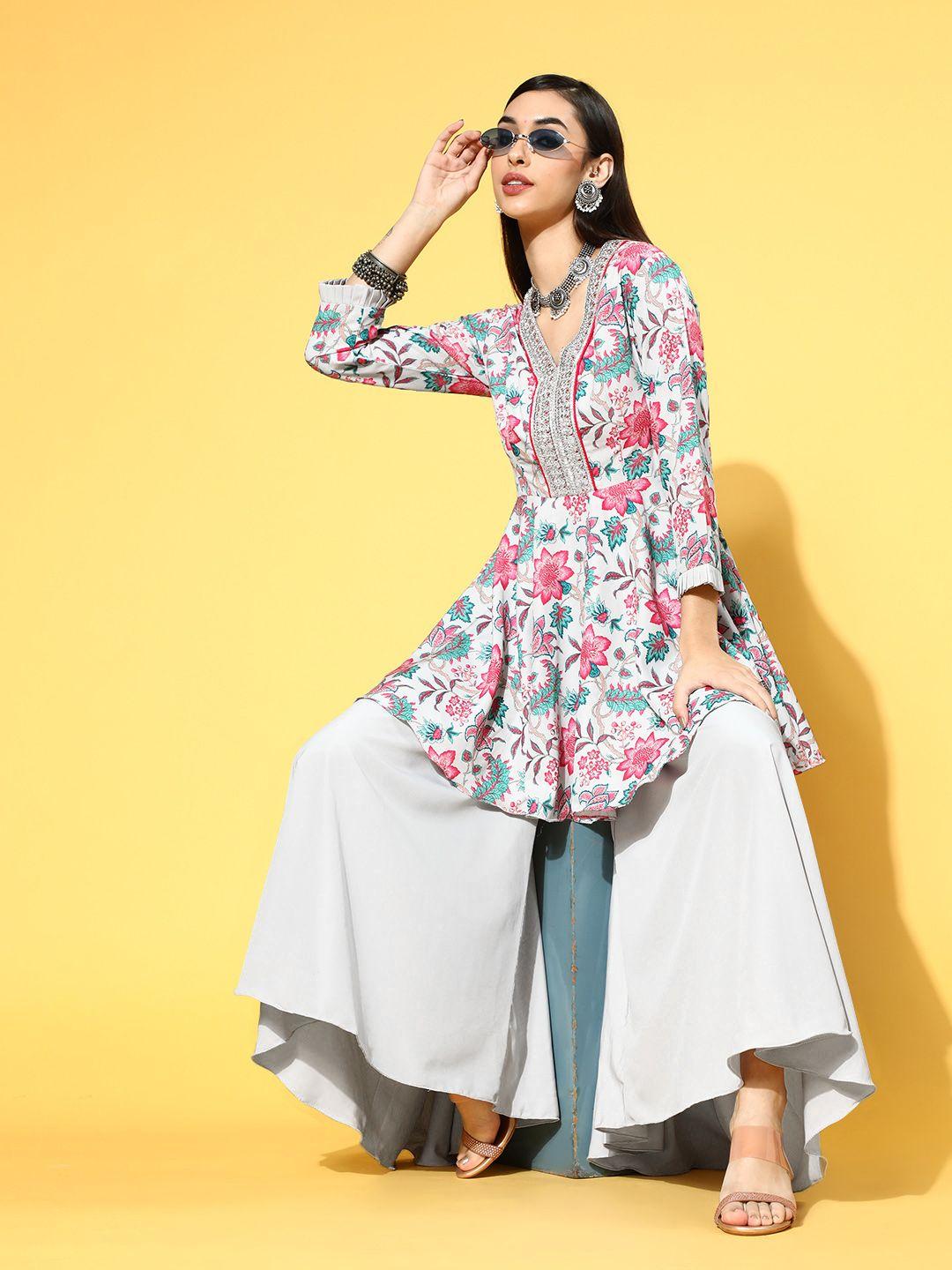 inddus women grey & pink ethnic printed kurta with palazzos