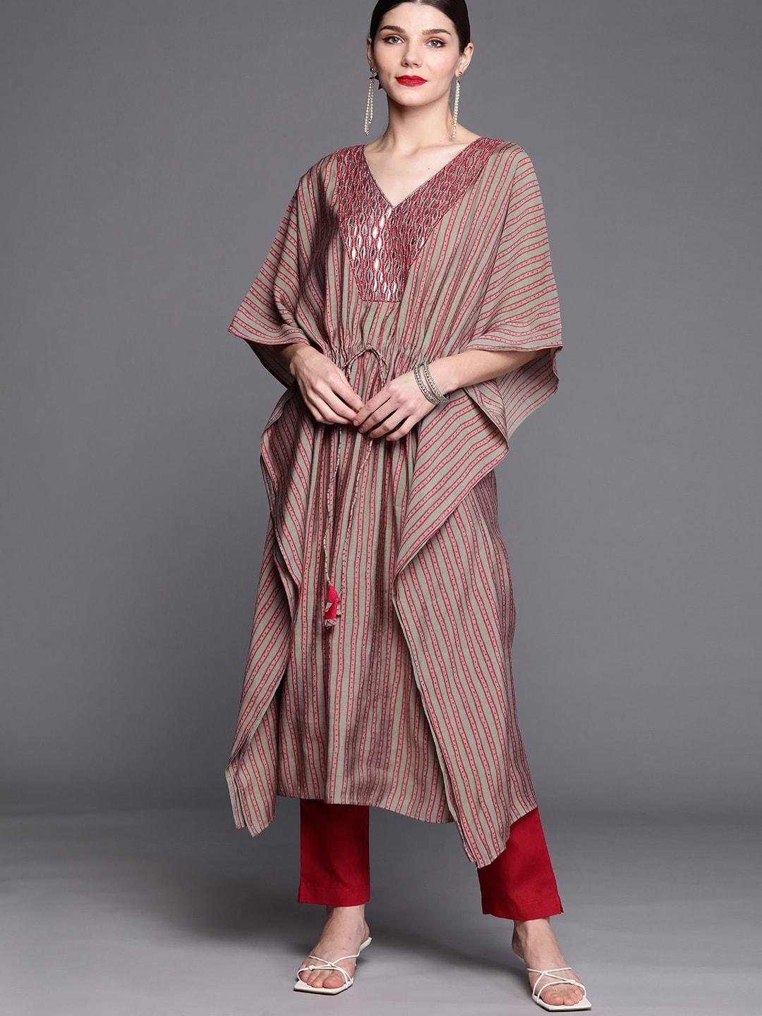 inddus women grey & pink yoke design extended sleeves thread work kaftan kurta