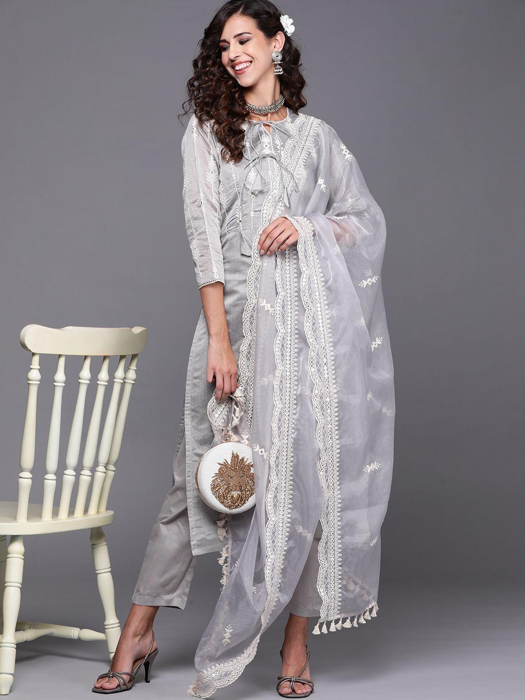 inddus women grey & white yoke design chanderi cotton kurta with trousers & dupatta