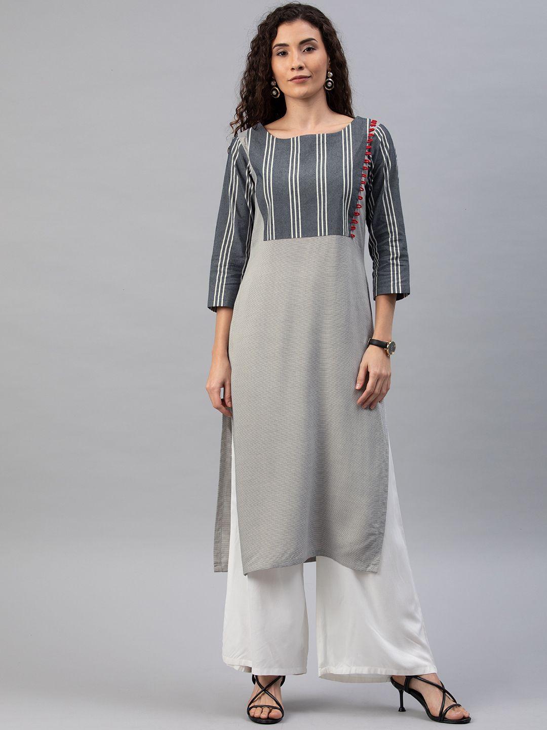 inddus women grey striped straight kurta