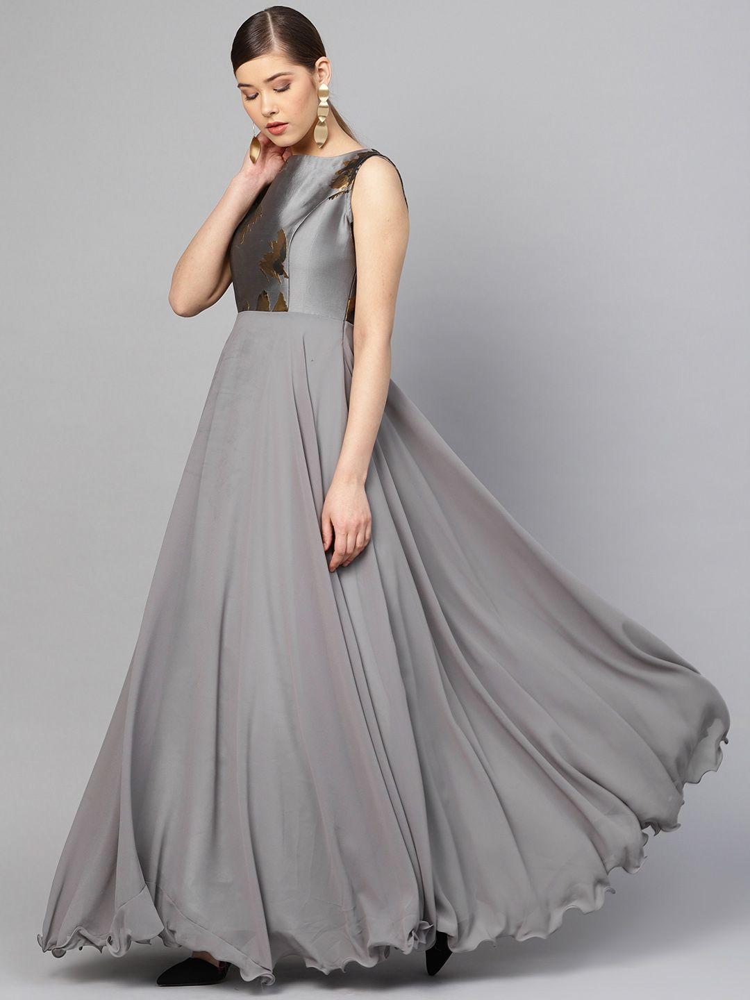 inddus women grey woven yoke design gown