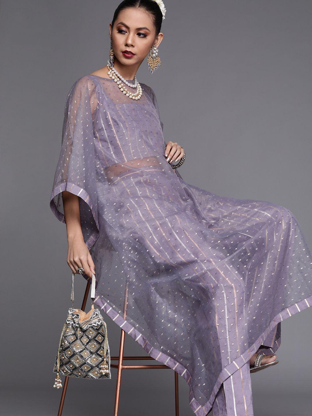 inddus women lavender & silver organza woven sheer kaftan kurta with inner & trousers