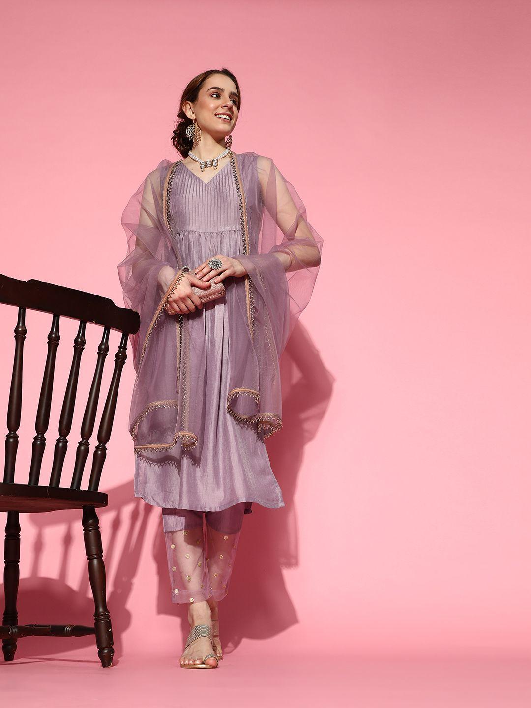 inddus women lilac pleated kurta with pants and net dupatta