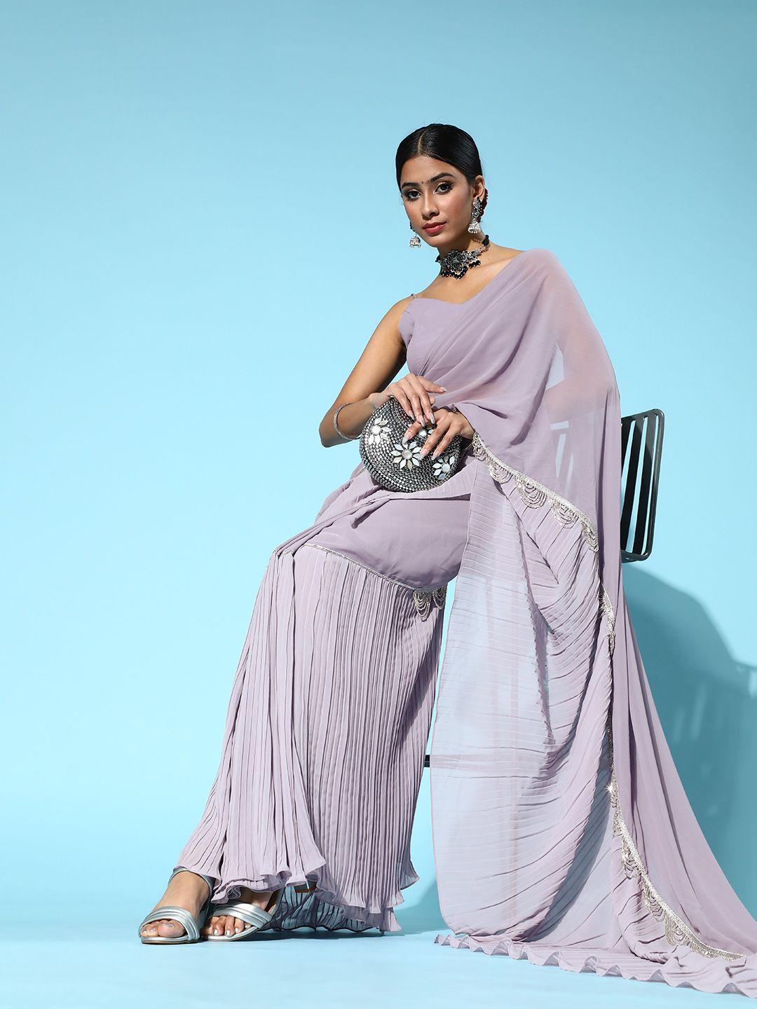 inddus women lilac solid accordian pleated saree with embellished detail