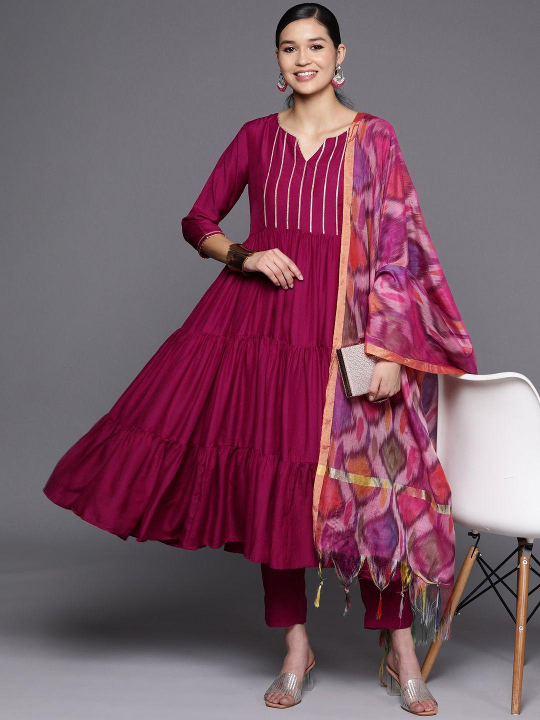 inddus women magenta striped tiered gotta patti kurta with trousers & dupatta