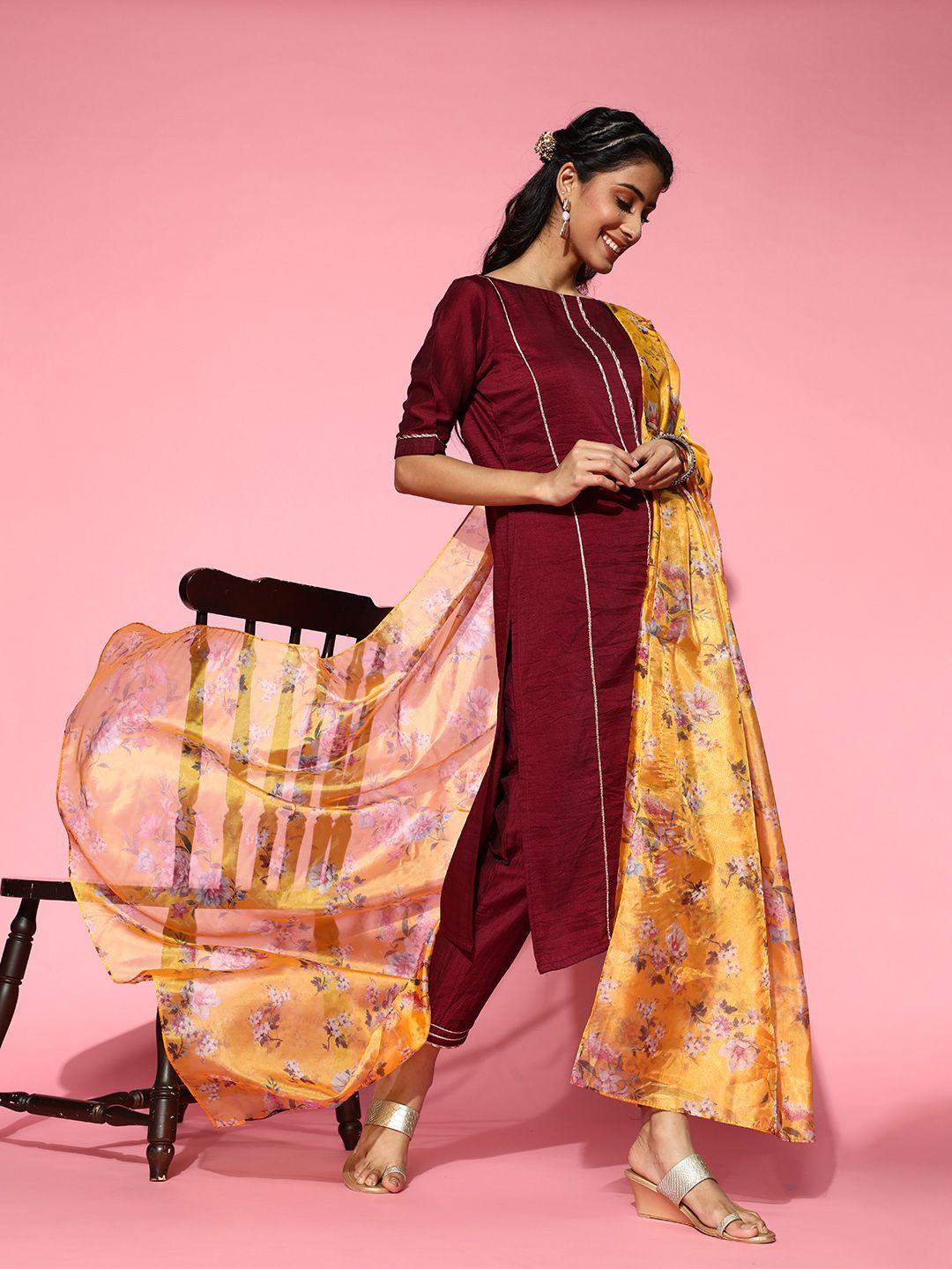 inddus women maroon gotta patti detail kurta with pants and floral printed dupatta