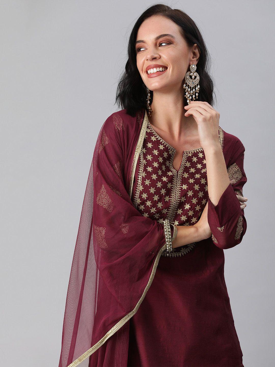 inddus women maroon zari yoke design chanderi cotton kurta with palazzos & dupatta