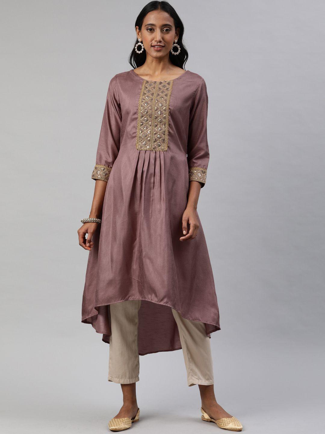 inddus women mauve embroidered a-line kurta