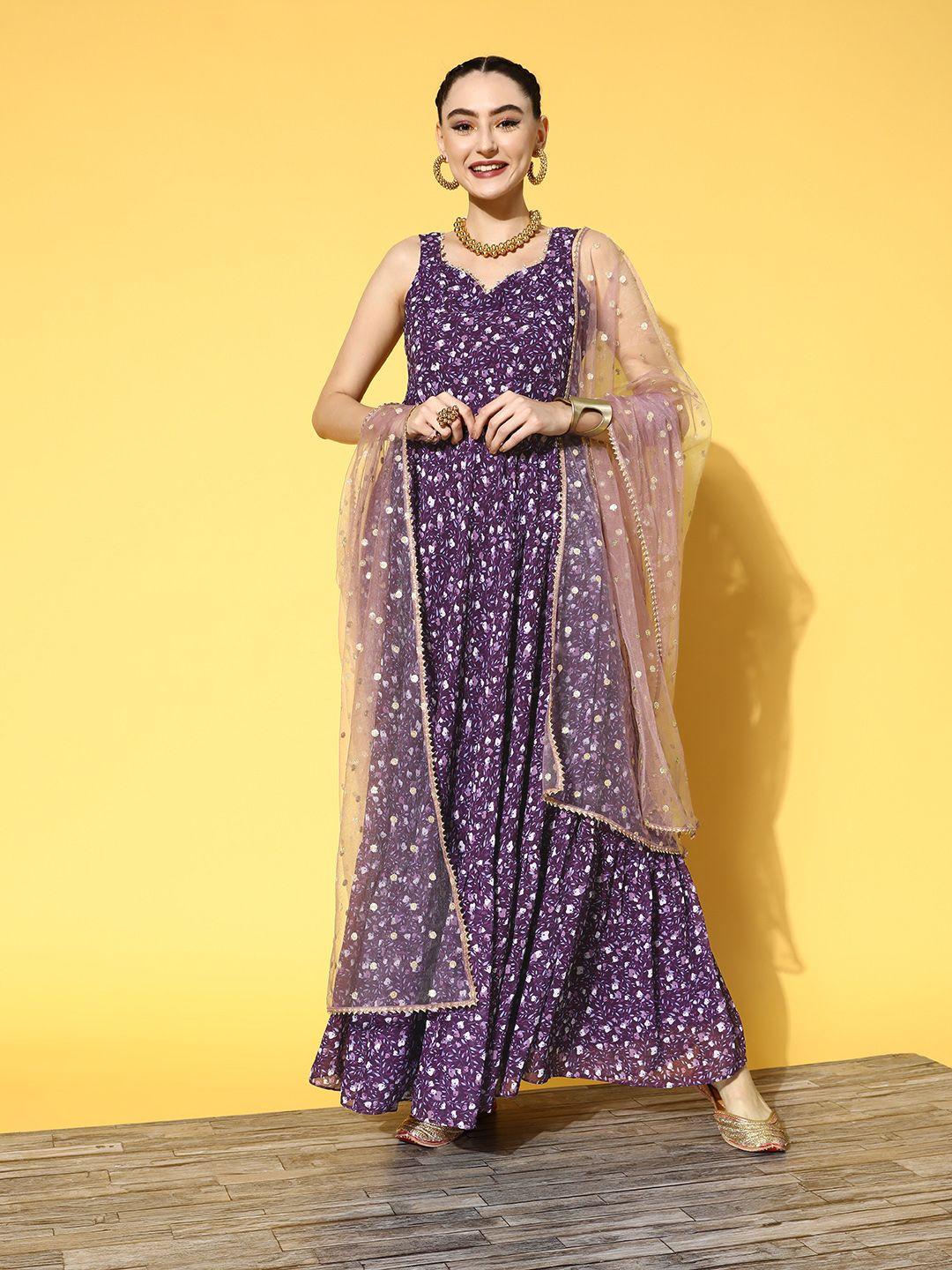 inddus women mauve ethnic motifs printed georgette kurta with dupatta