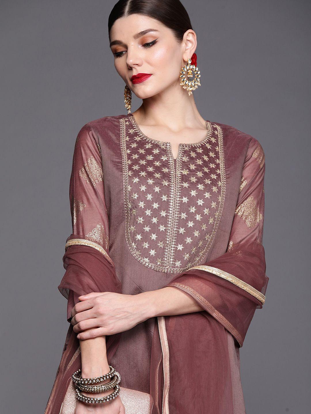 inddus women mauve ethnic motifs yoke design chanderi cotton kurta with palazzos & dupatta