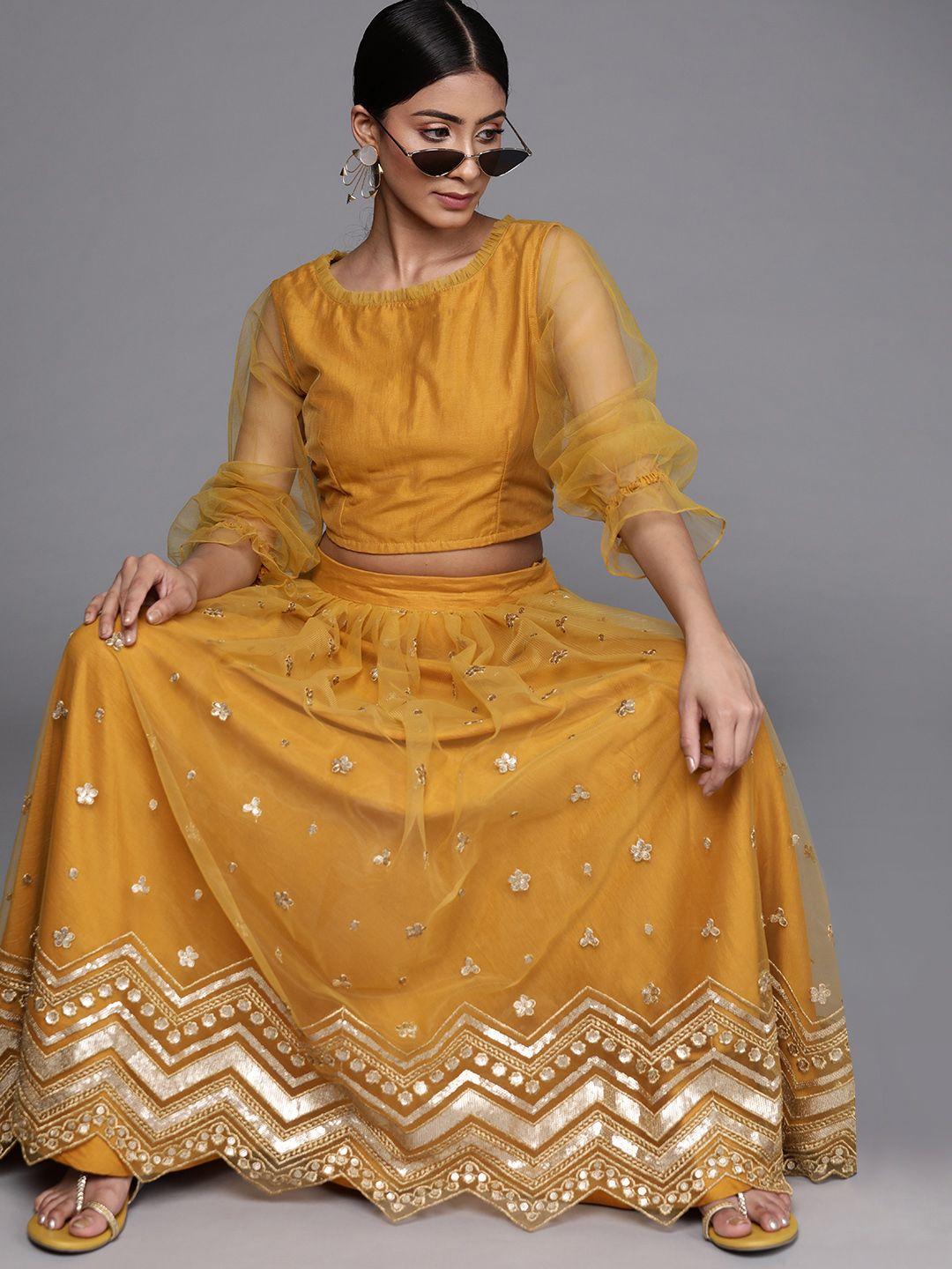 inddus women mustard yellow & golden solid top with gotta patti work skirt
