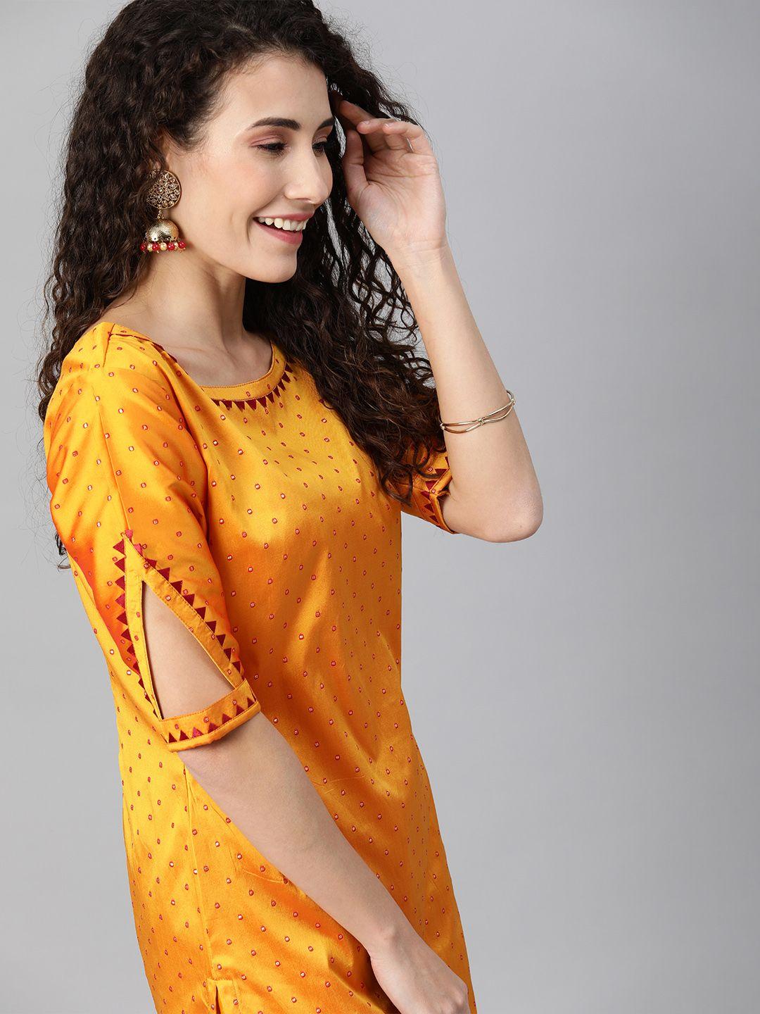inddus women mustard yellow & red woven design kurta with trousers