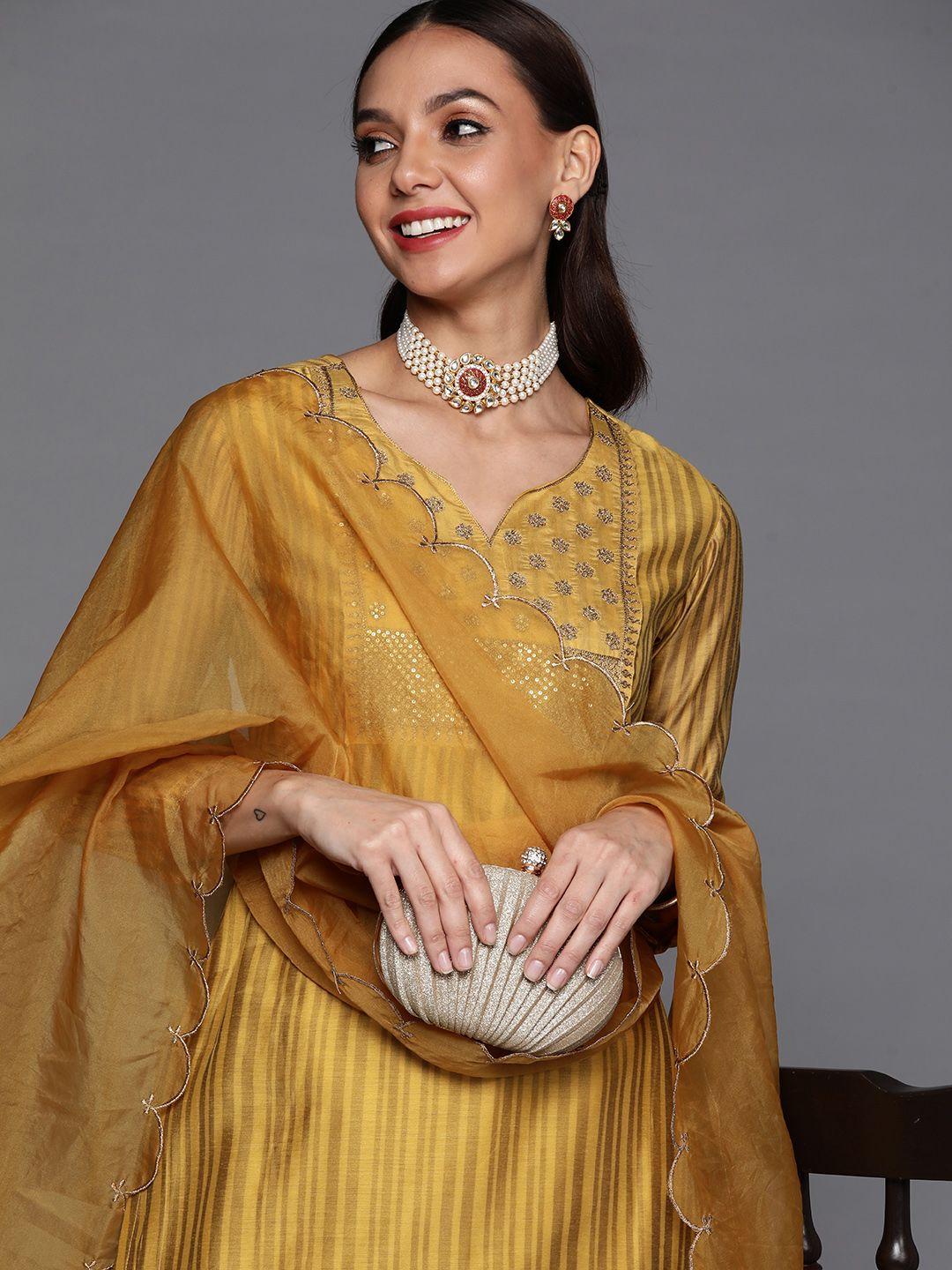 inddus women mustard yellow ethnic motifs embroidered sequinned kurta with trousers & with dupatta