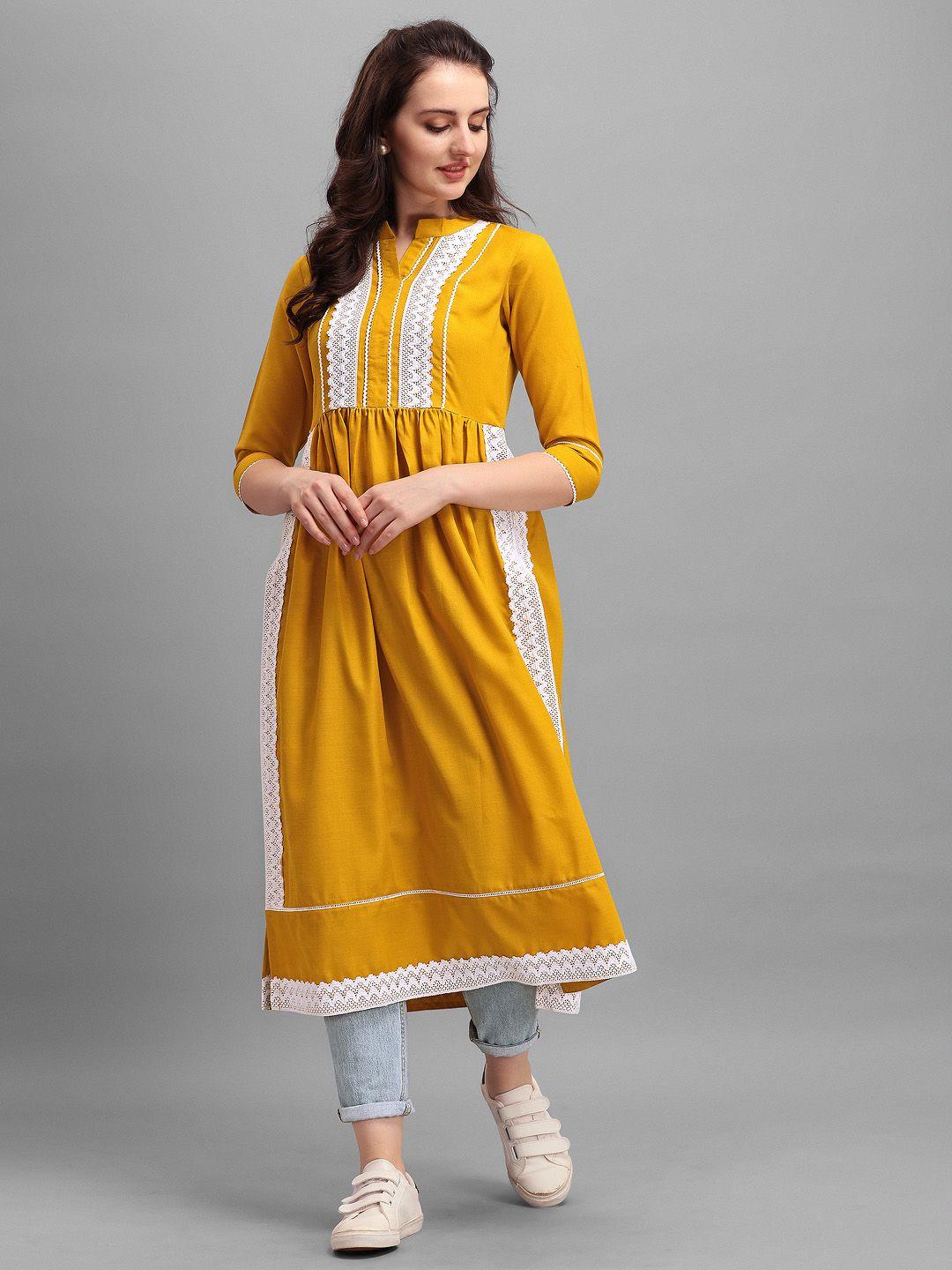 inddus women mustard yoke design kurta