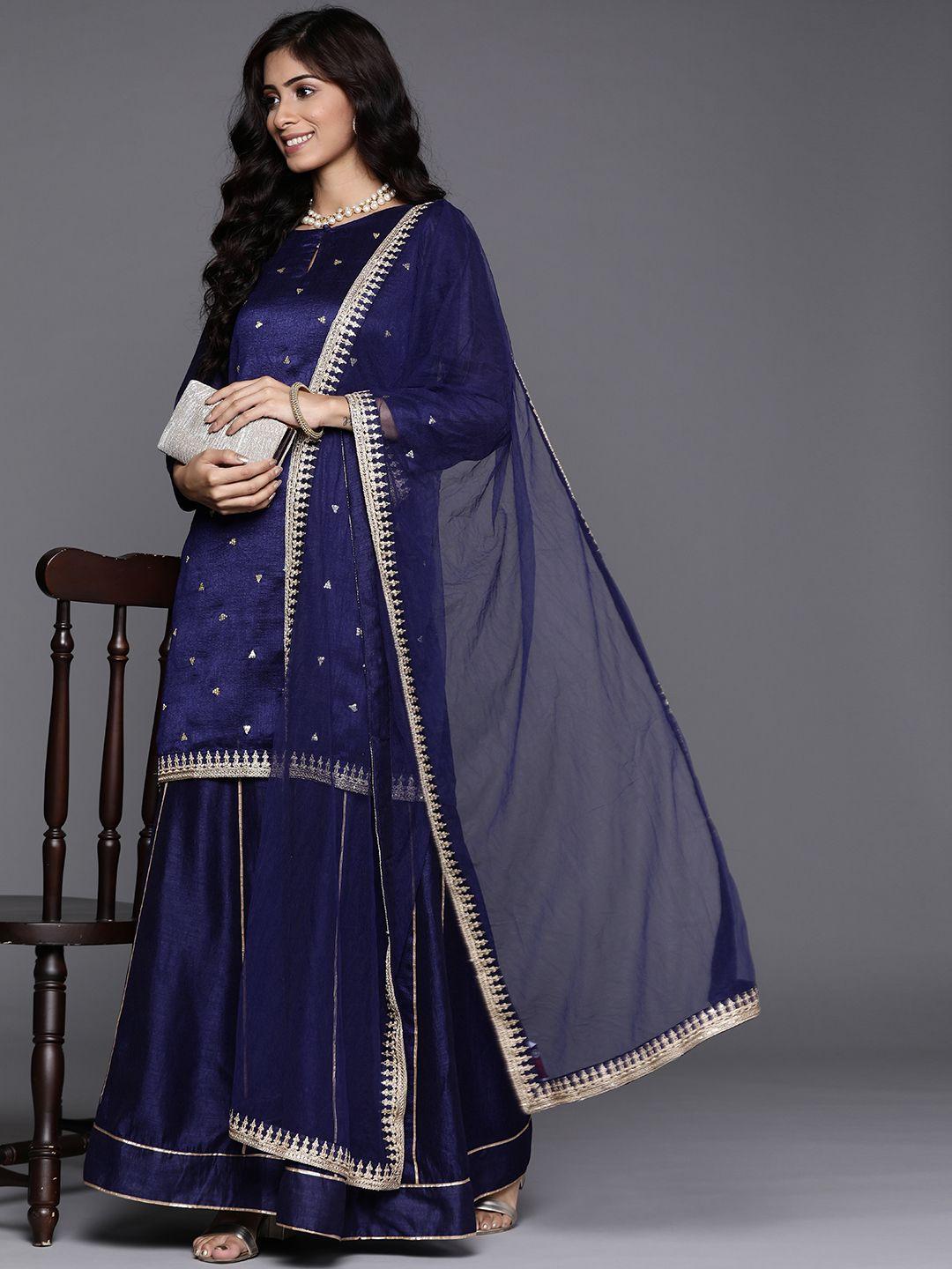 inddus women navy blue & golden sequinned kurta with sharara & dupatta