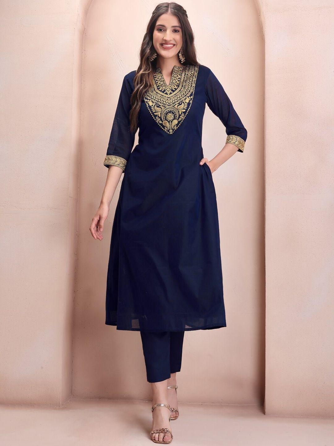 inddus women navy blue paisley yoke design regular chanderi cotton kurta with trousers