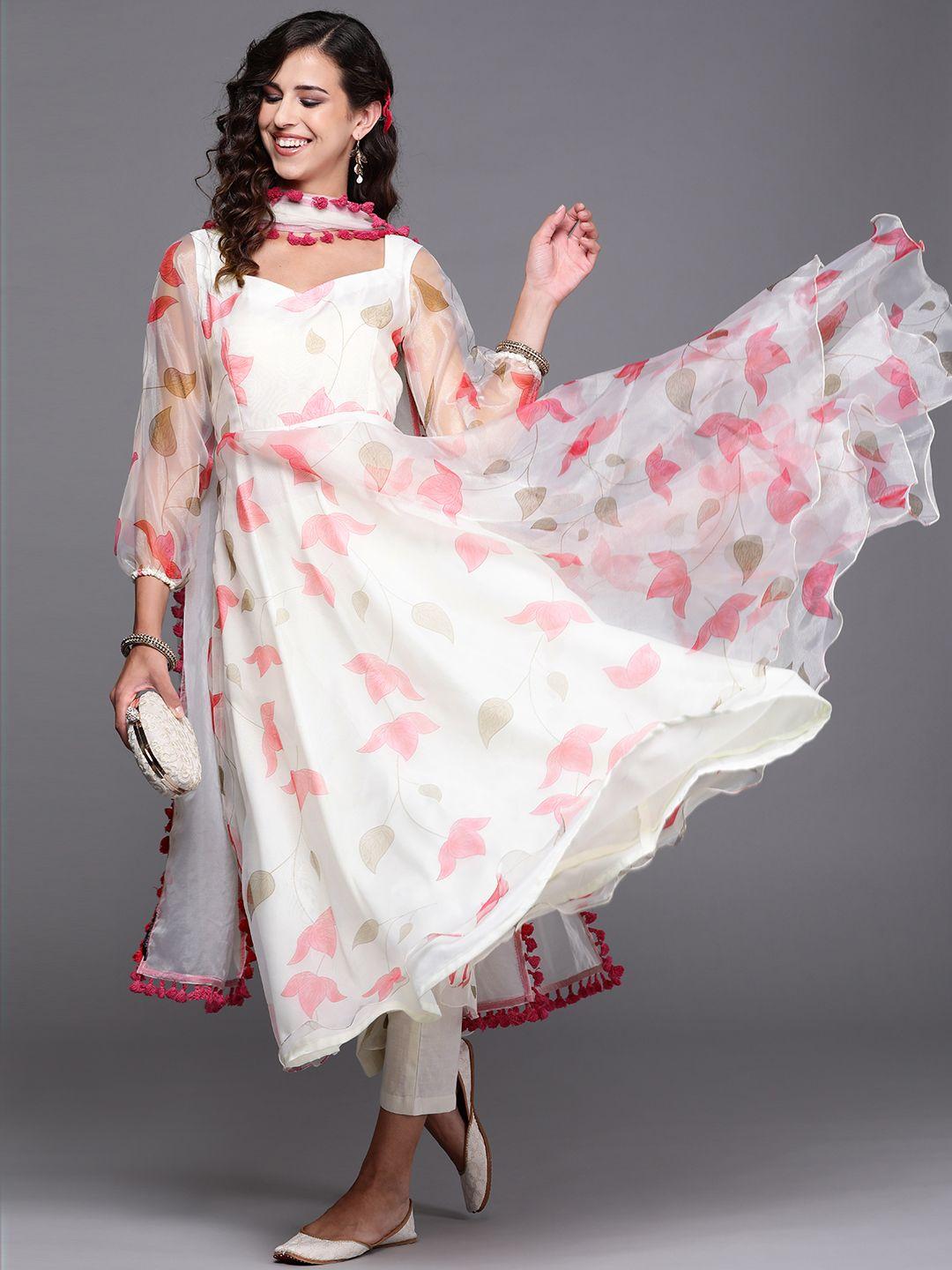 inddus women off white & pink floral printed kurta with trousers & dupatta