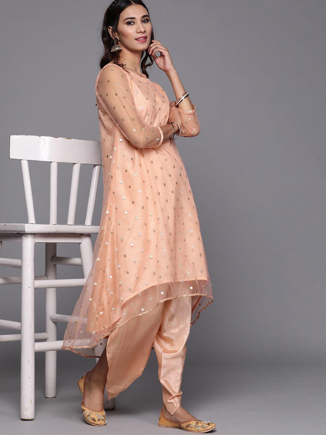 inddus women peach-coloured embroidered kurta with dhoti pants