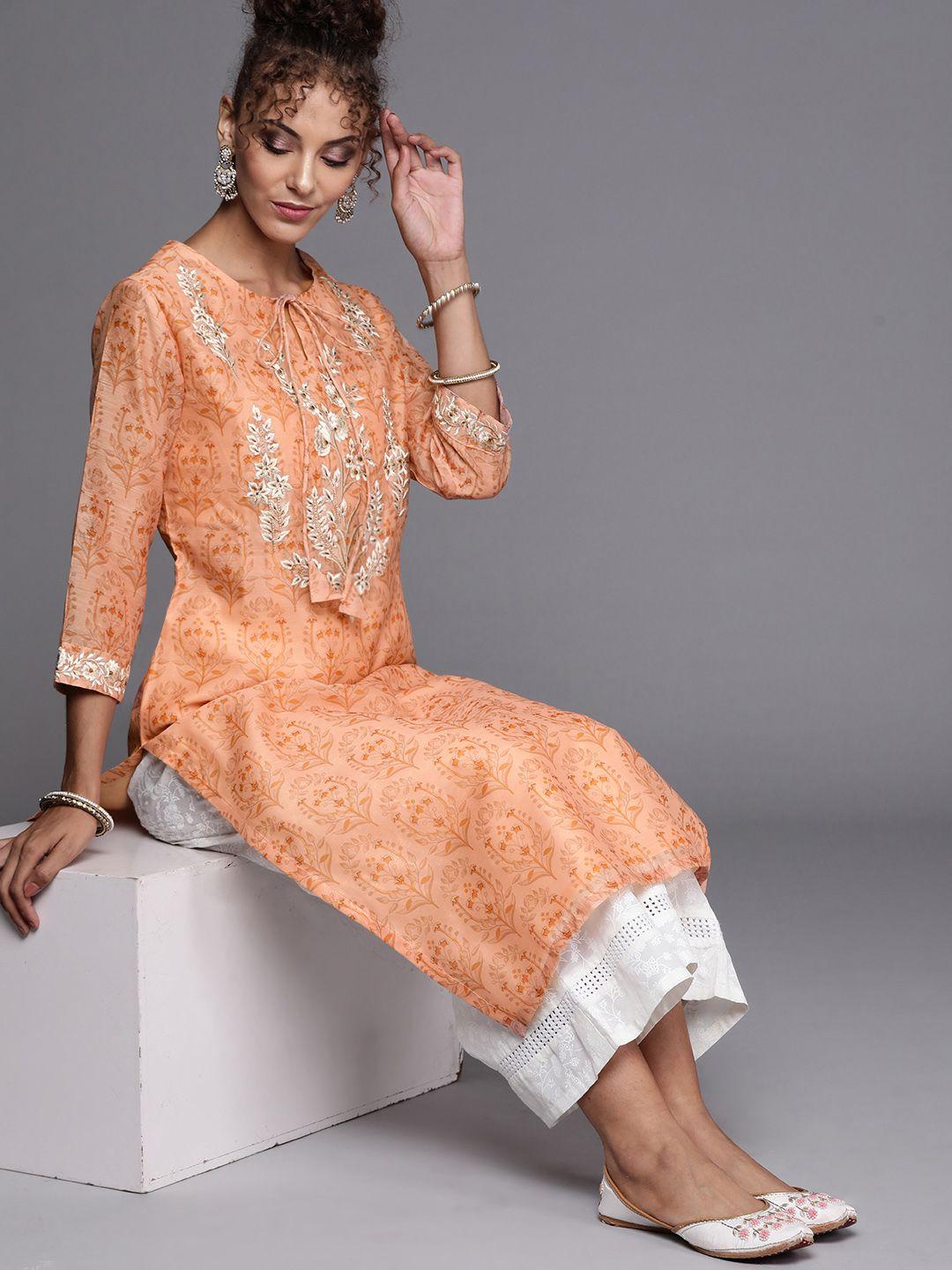 inddus women peach-coloured ethnic motifs print thread work straight kurta with palazzos