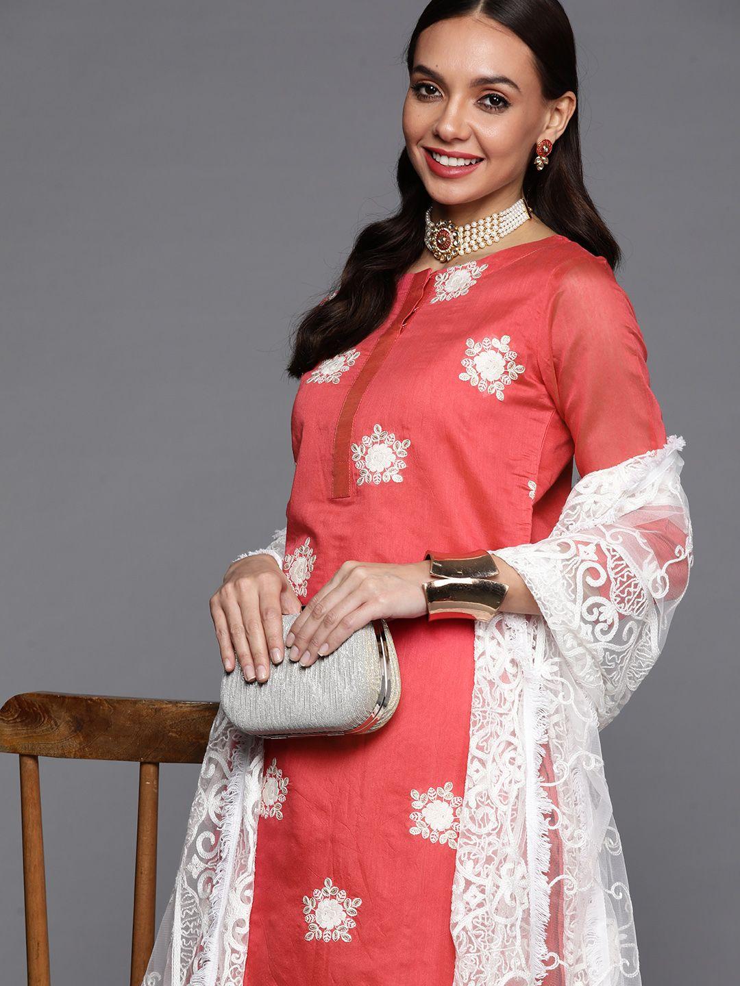 inddus women peach-coloured floral thread work chanderi cotton kurta with trousers