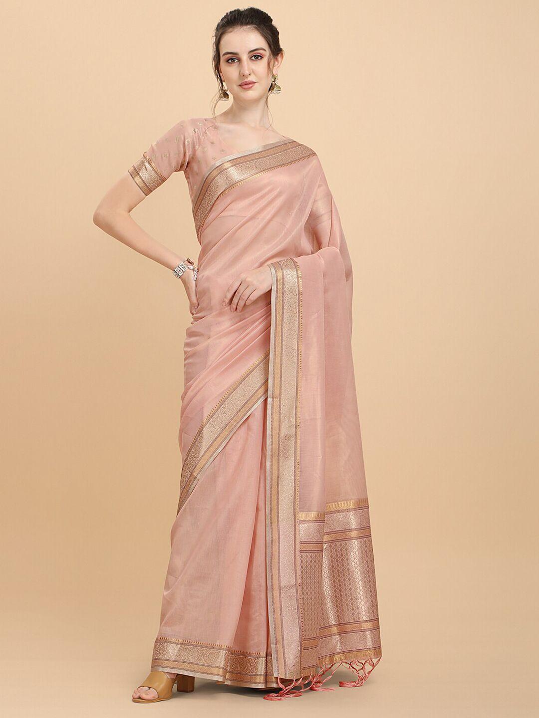 inddus women peach woven design organza saree with blouse piece