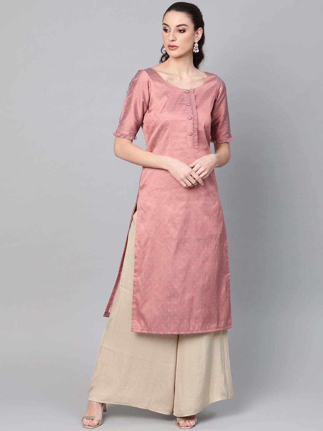 inddus women pink & golden zari woven design straight kurta