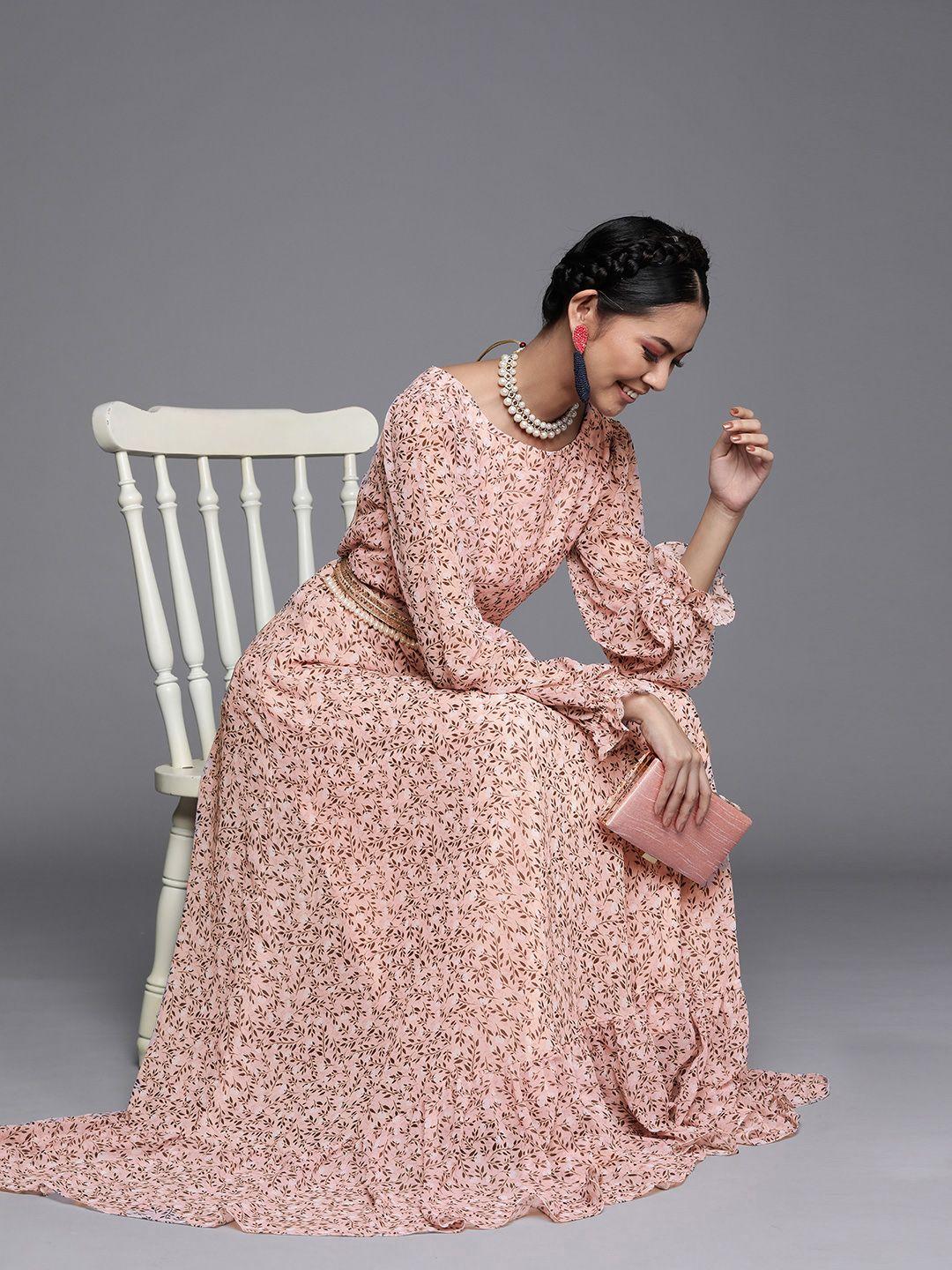 inddus women pink & olive brown georgette floral printed maxi dress