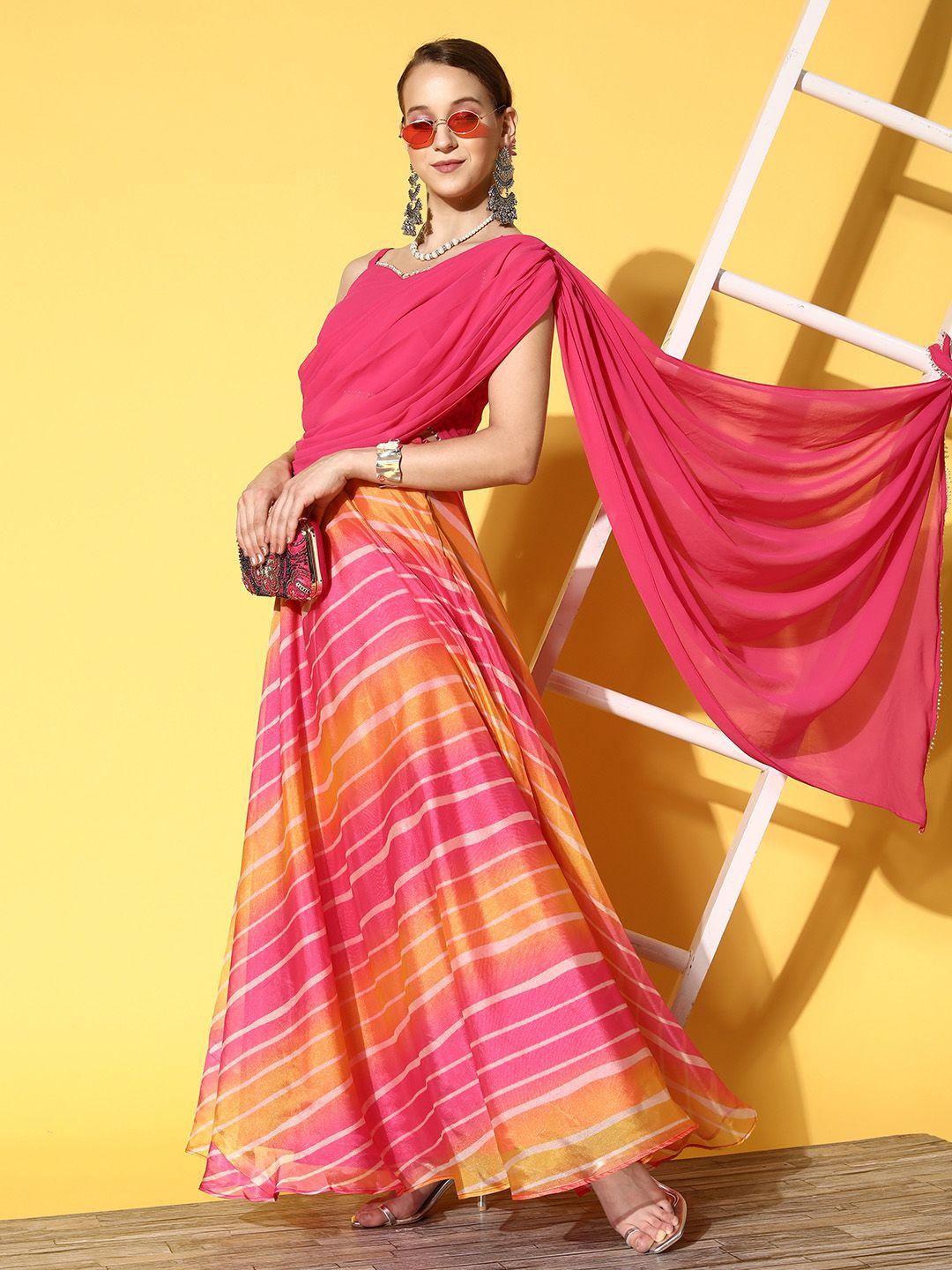 inddus women pink & orange printed top & skirt