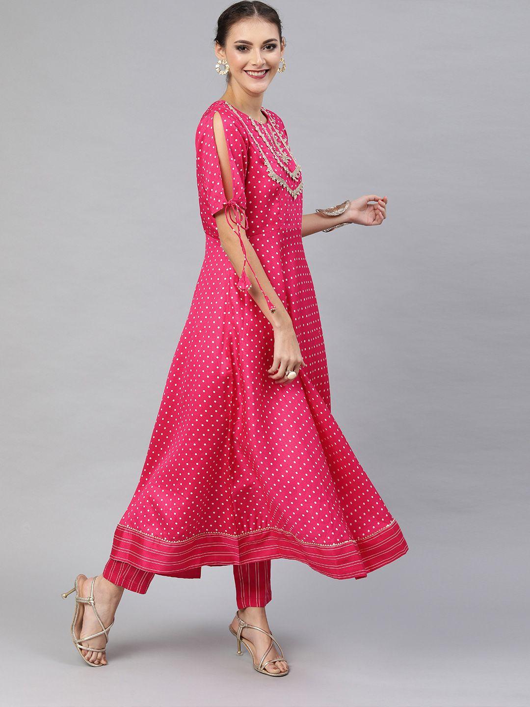 inddus women pink & white printed kurta with trousers