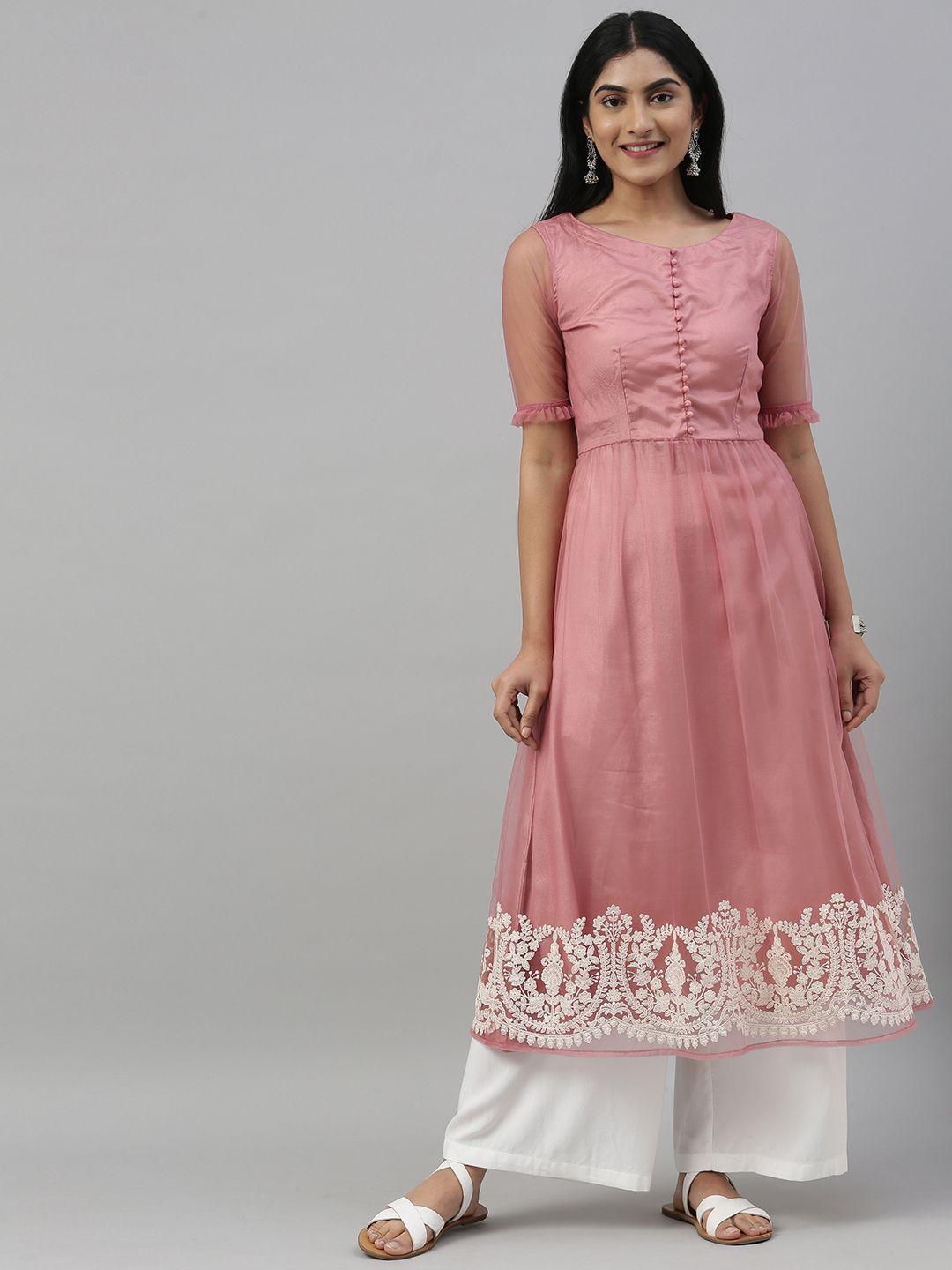 inddus women pink embroidered a-line kurta