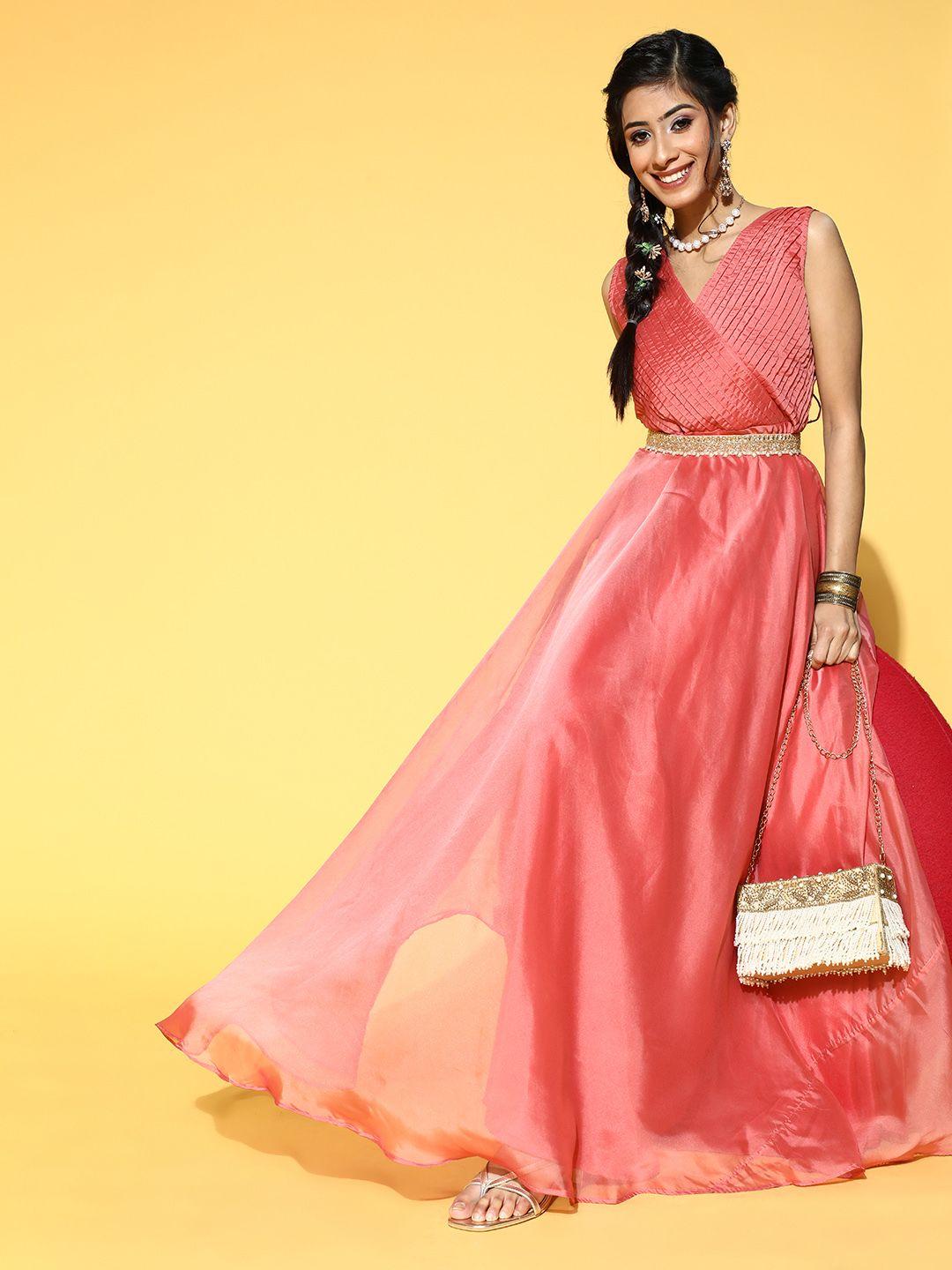 inddus women pink solid organza gown with embellished belt