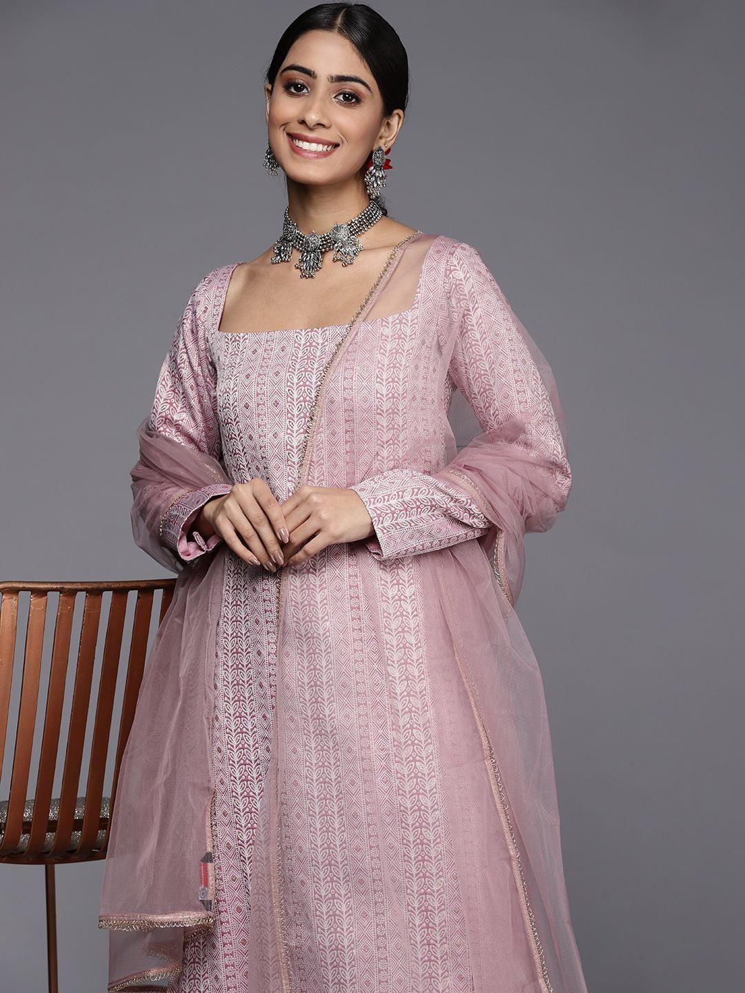 inddus women pink tribal embroidered thread work kurta with trousers & with dupatta