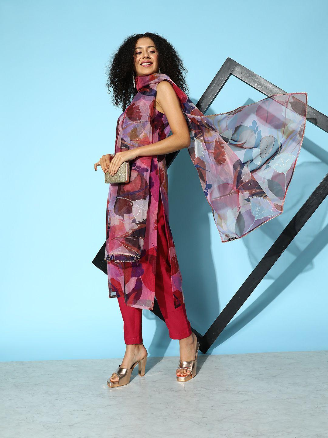 inddus women printed kurta with trousers & dupatta