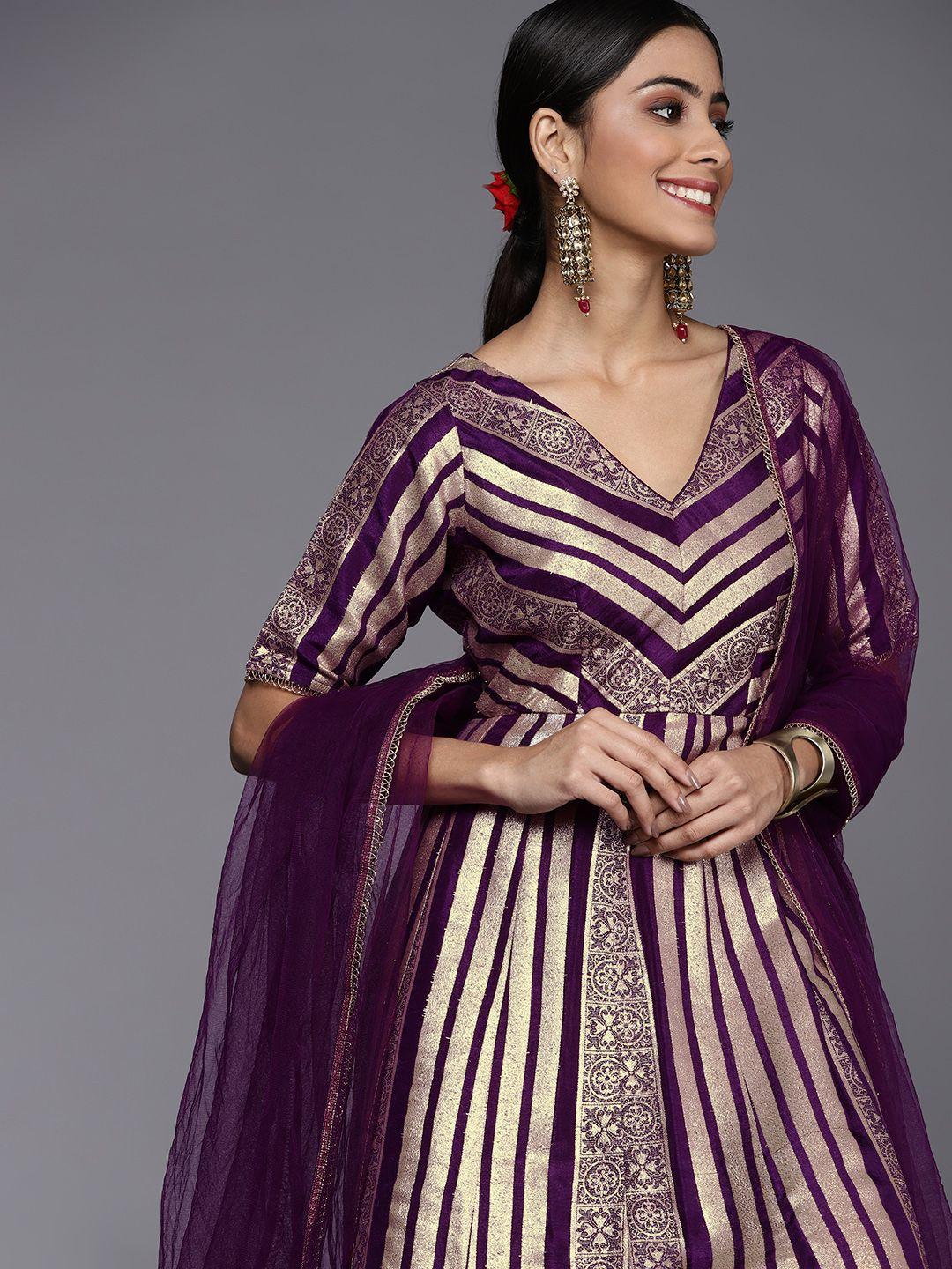 inddus women purple & gold-toned georgette anarkali kurta with dupatta