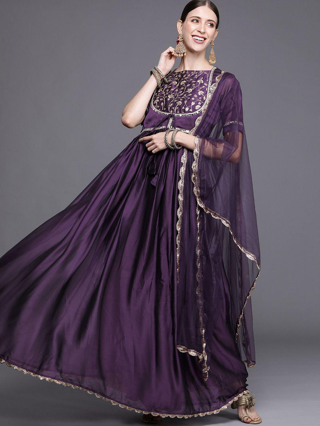 inddus women purple & golden yoke embroidered mirror work anarkali kurta with net dupatta