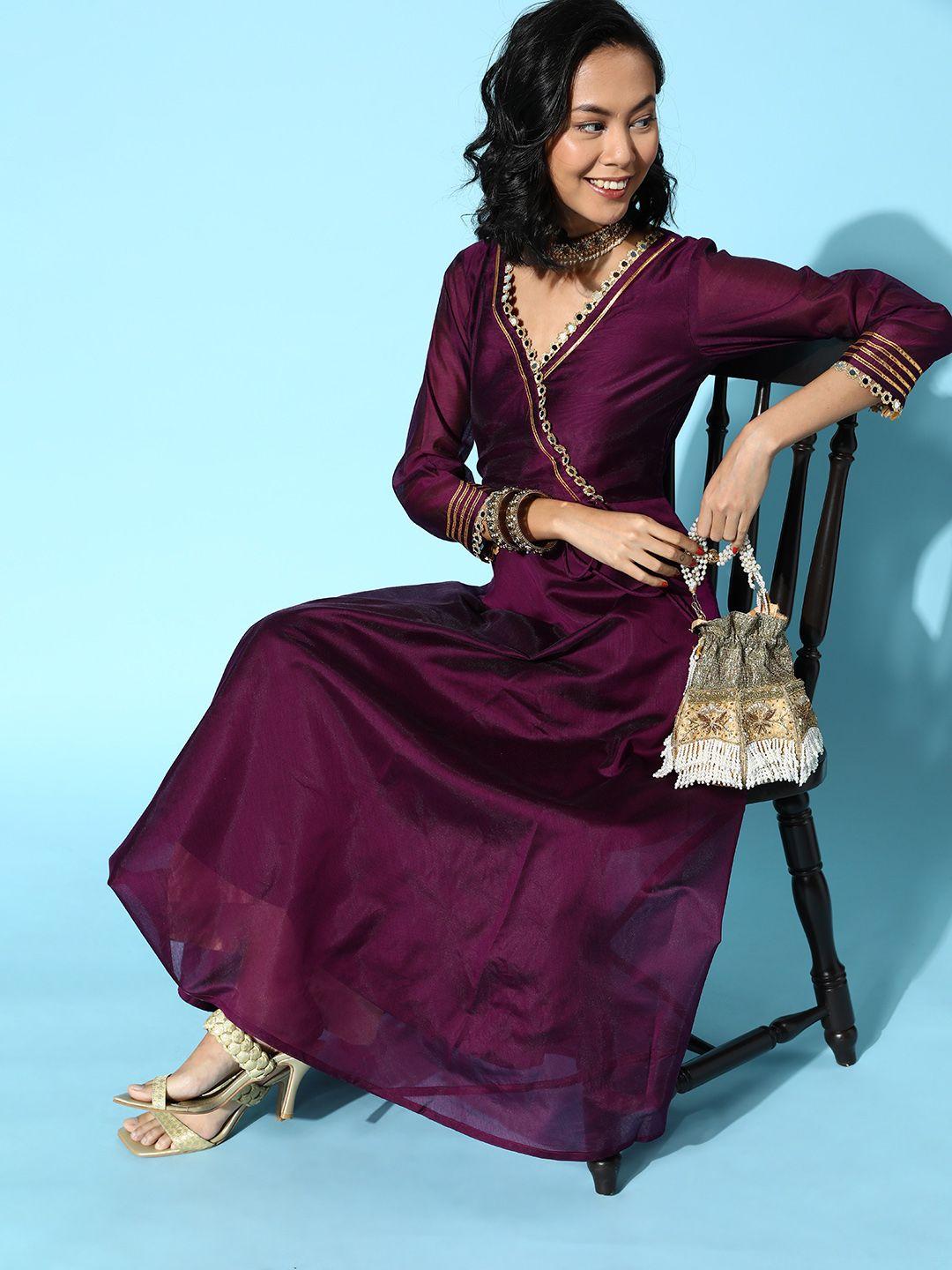 inddus women purple chanderi cotton swirling volume kurta