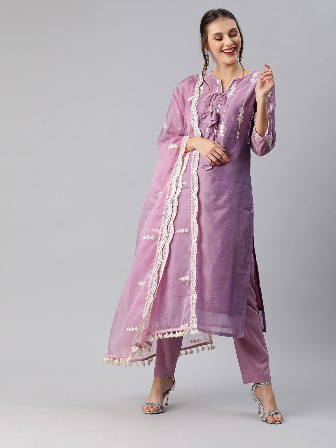 inddus women purple embroidered kurta with trousers & dupatta