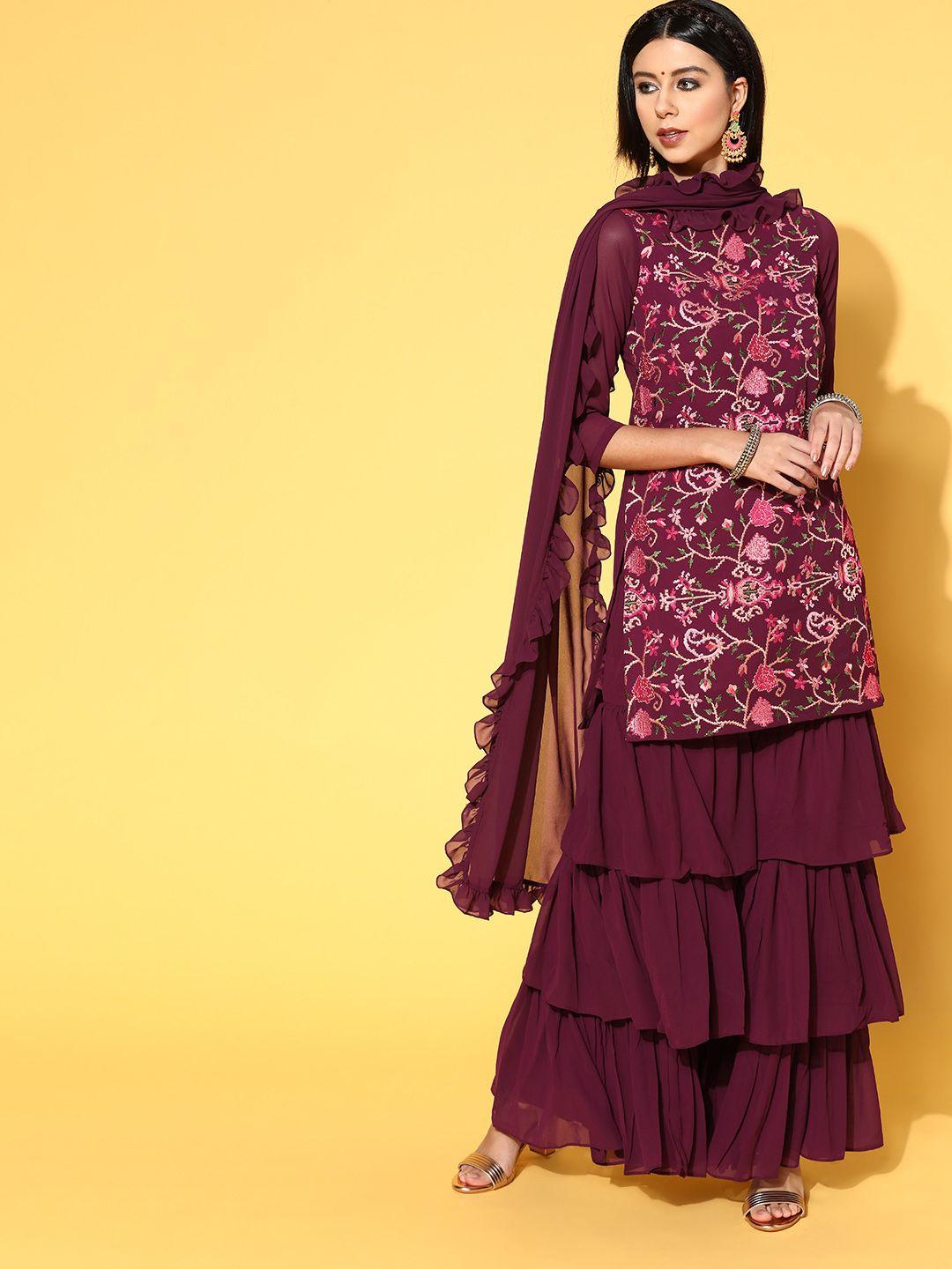 inddus women purple floral embroidered kurta set