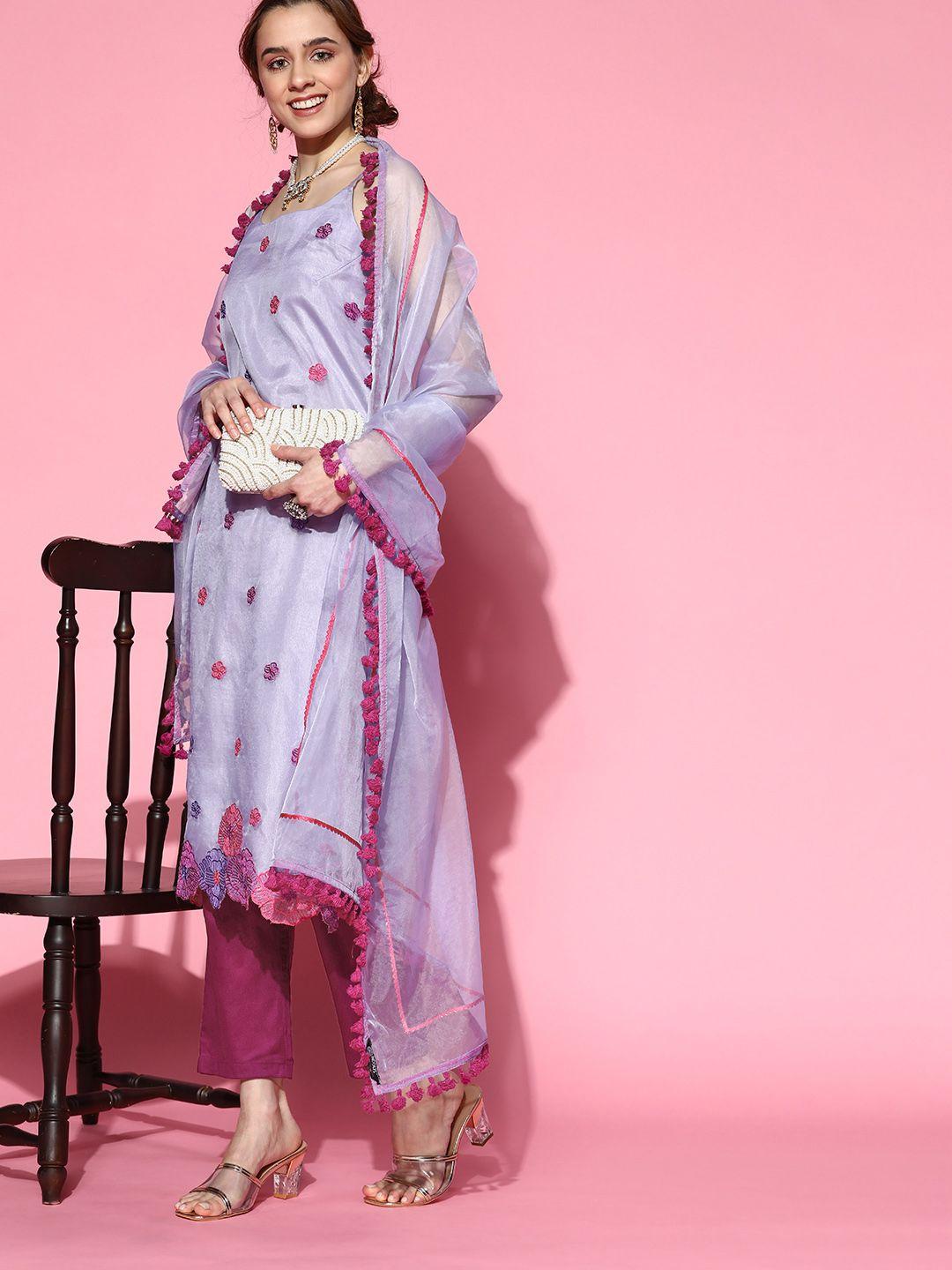 inddus women purple floral embroidered thread work kurta with trousers & with dupatta