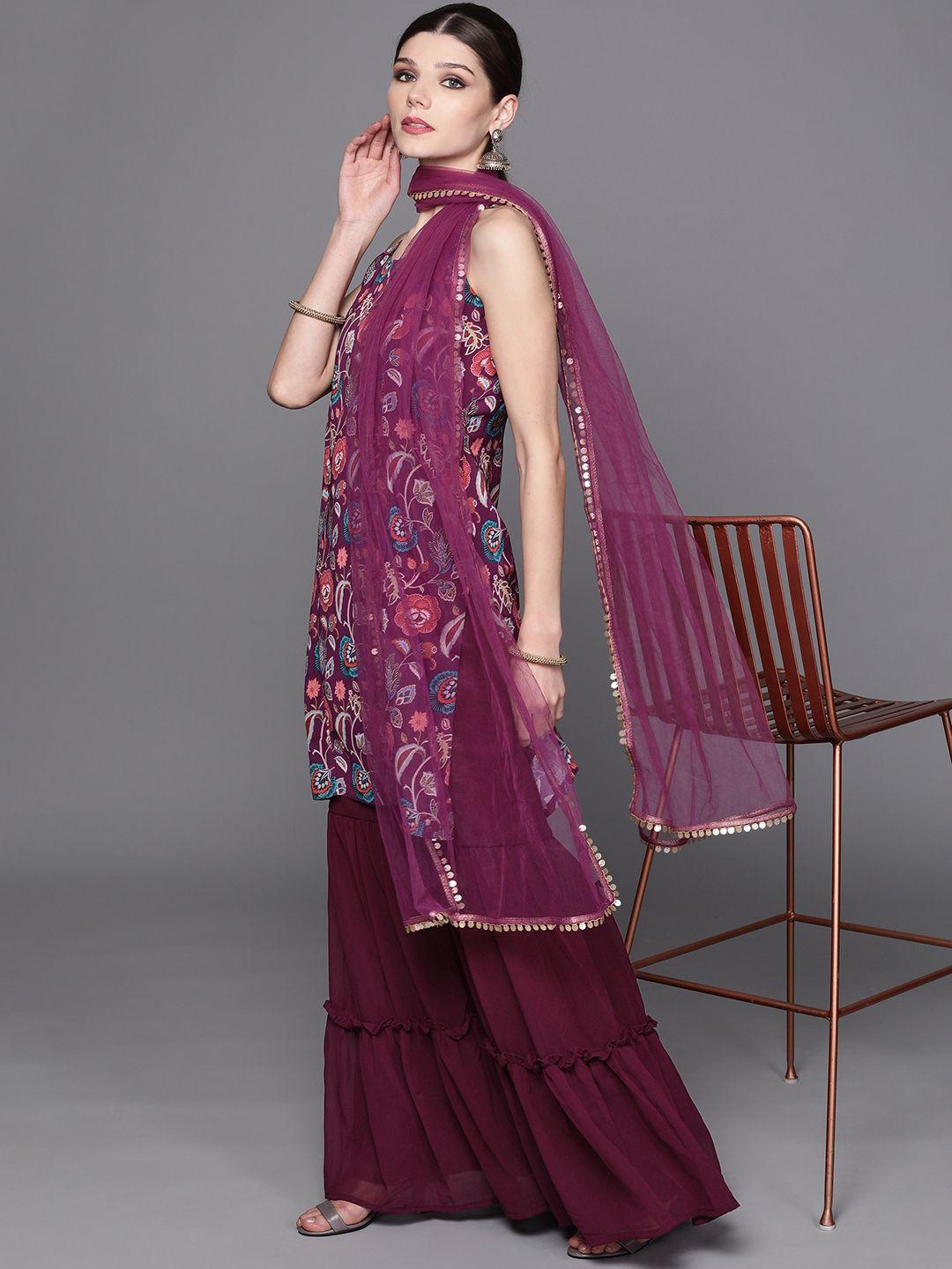 inddus women purple printed kurta with sharara & dupatta