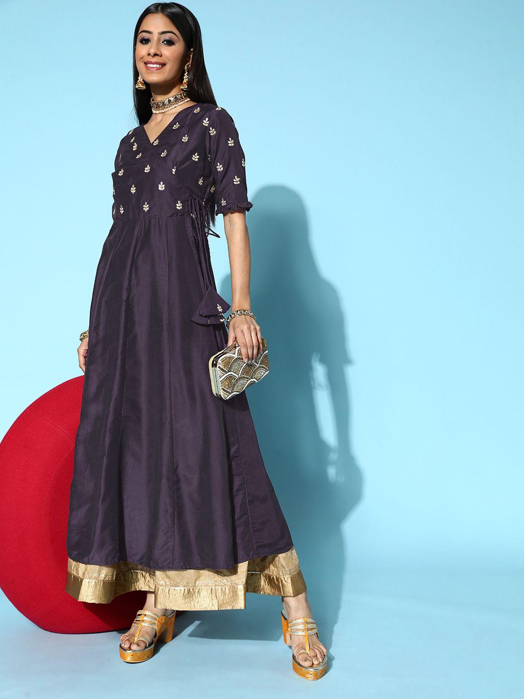 inddus women purple silk swirling volume kurta