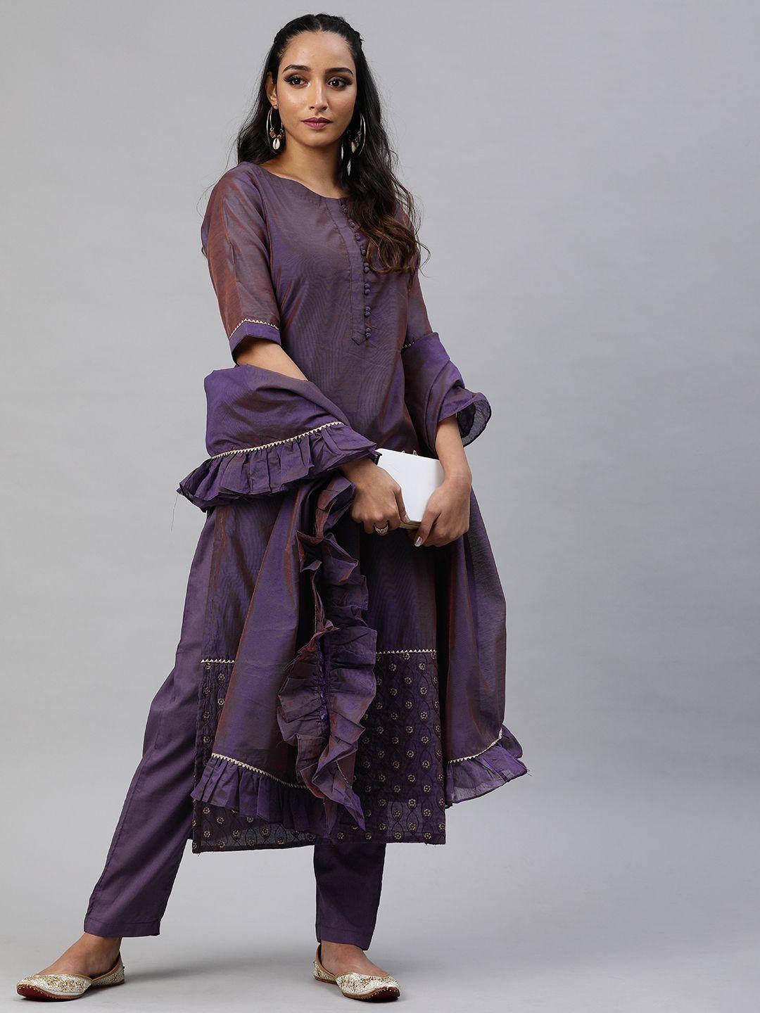 inddus women purple solid kurta set with embroidered detail