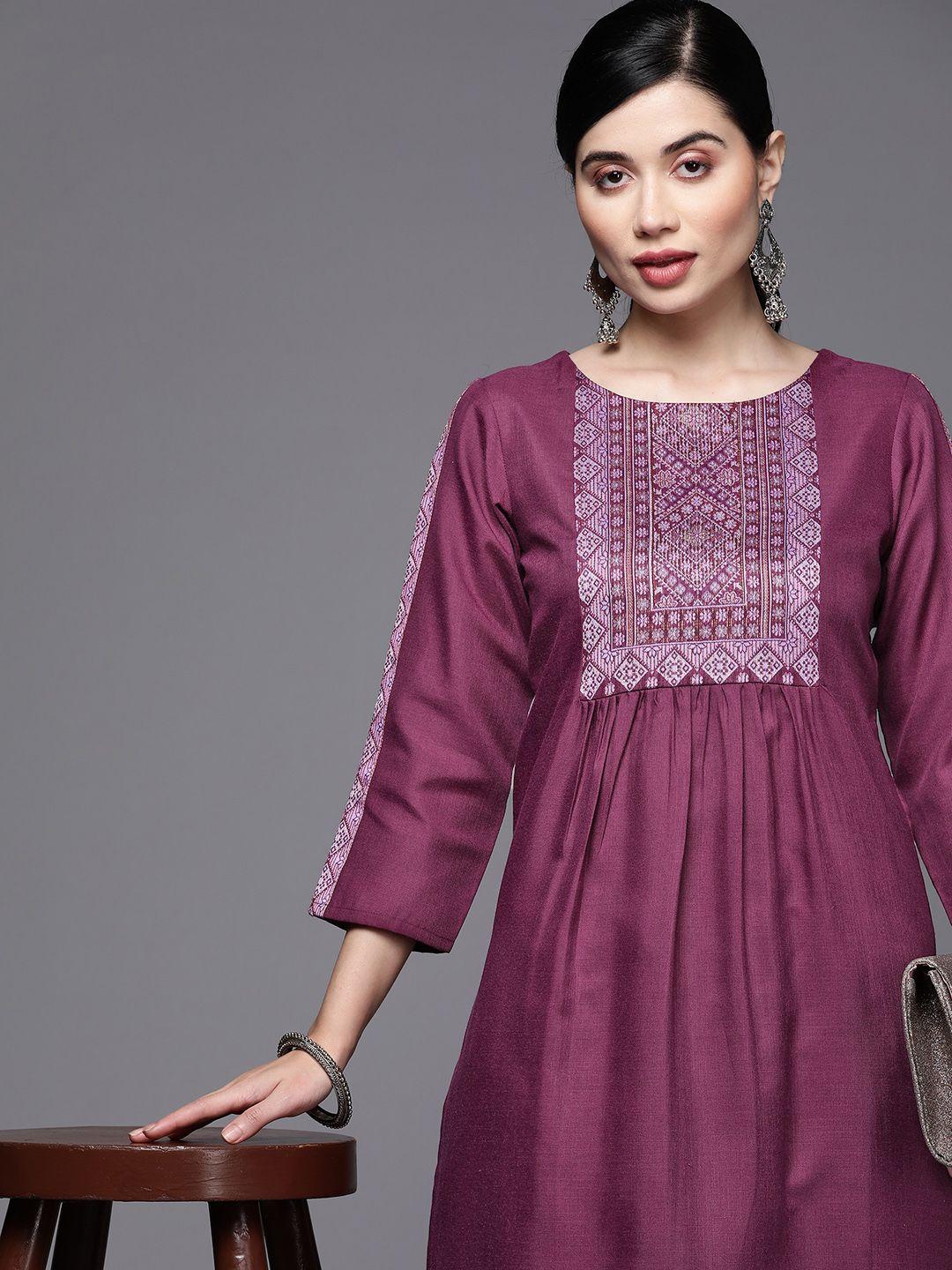 inddus women purple yoke design pleated kurta with trousers