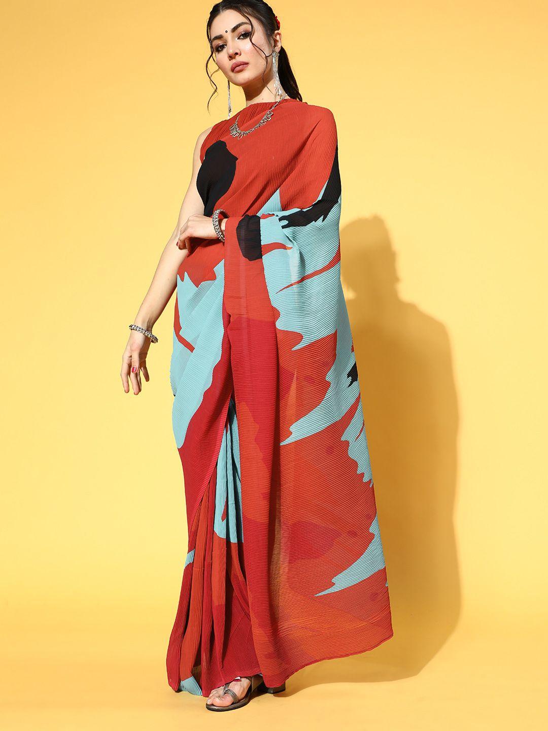 inddus women red & blue abstract print accordian pleated saree